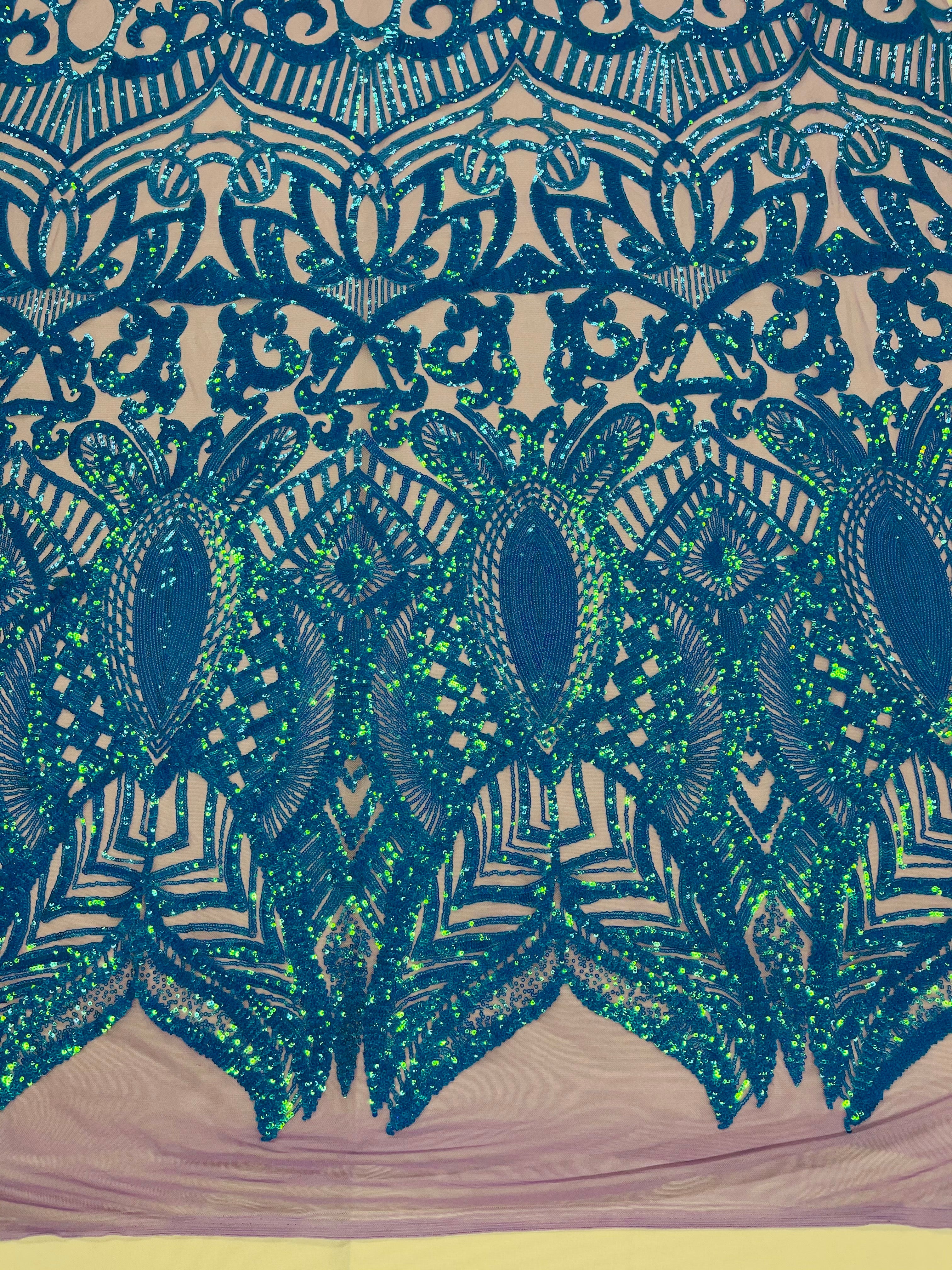 Iridescent Turquoise - 4 Way Stretch Embroidered Royalty Sequins Design Fabric By Yard