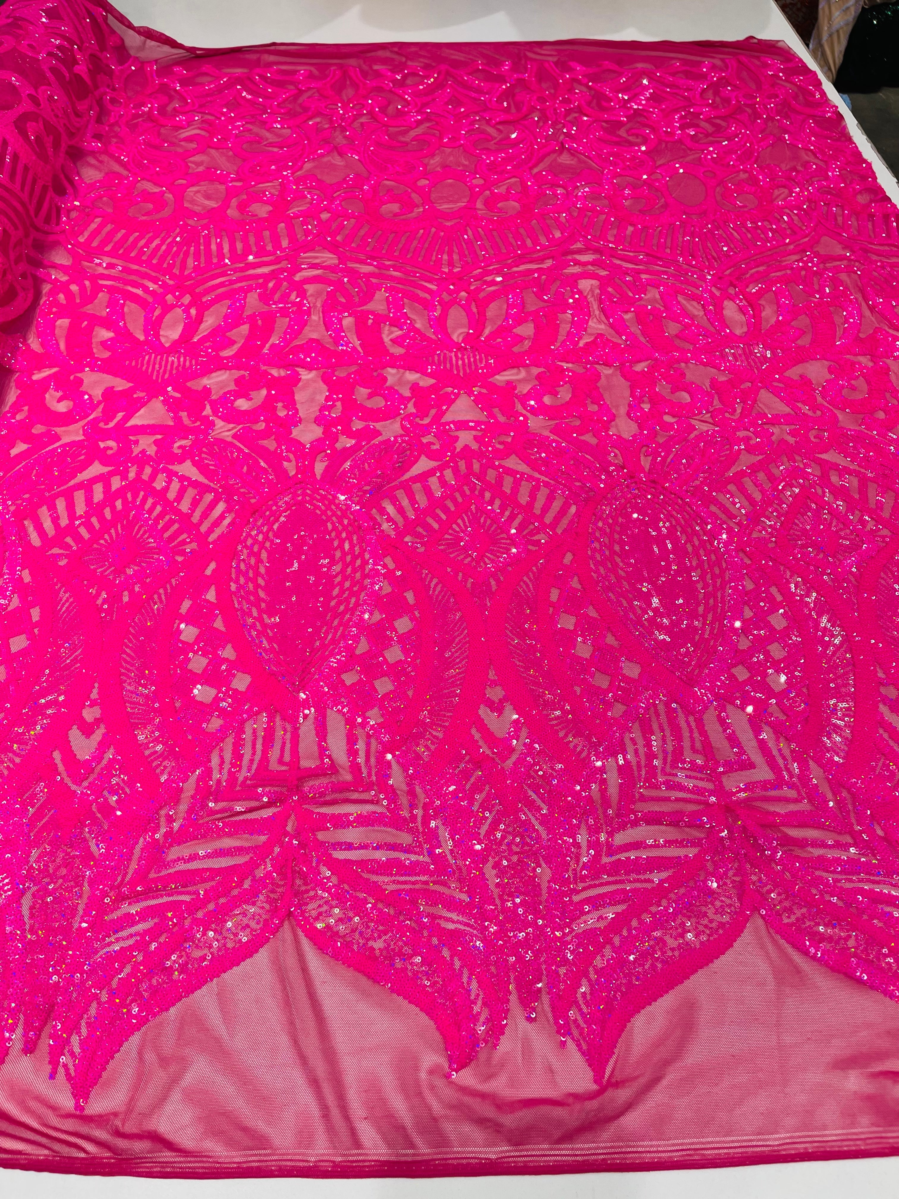 Hot Pink Iridescent Sequin - 4 Way Stretch Embroidered Royalty Sequins Design Fabric By Yard
