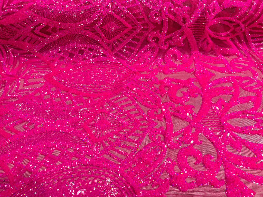 Hot Pink Iridescent Sequin - 4 Way Stretch Embroidered Royalty Sequins Design Fabric By Yard