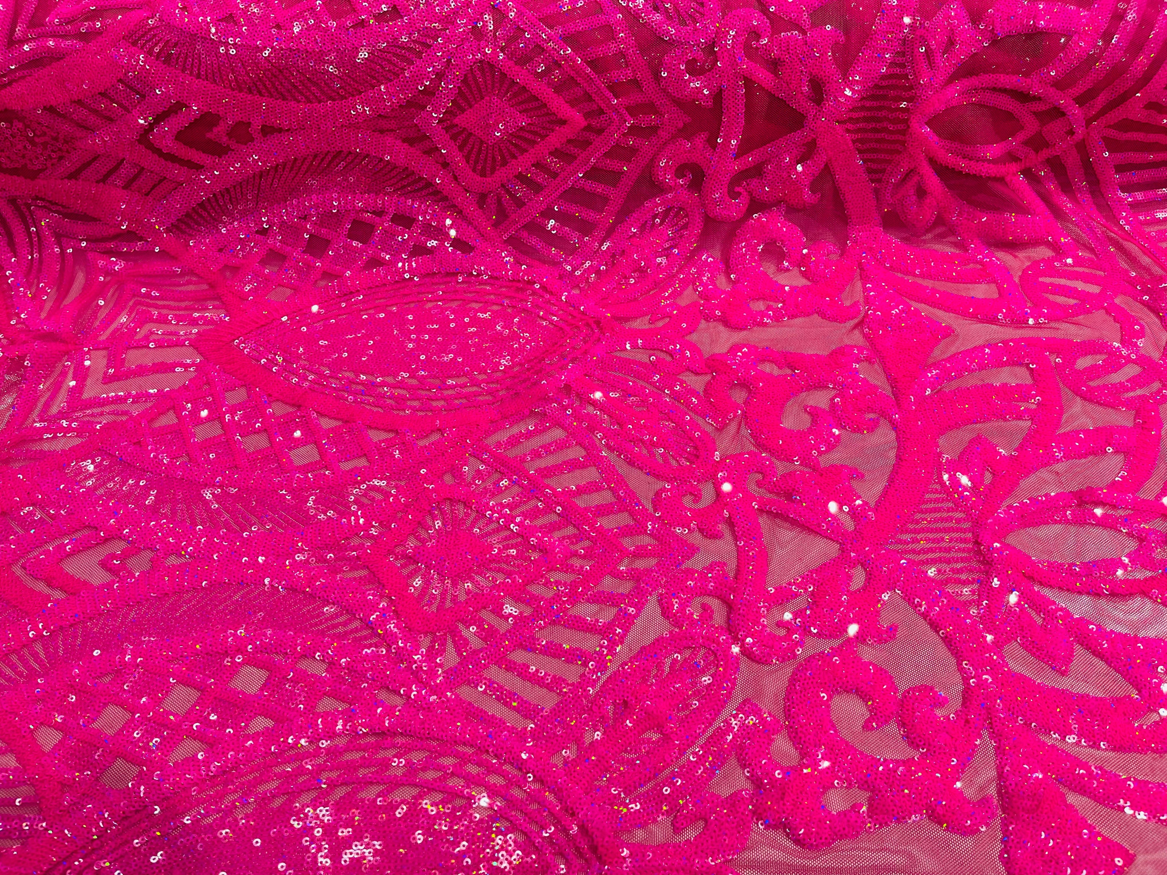 Hot Pink Iridescent Sequin - 4 Way Stretch Embroidered Royalty Sequins Design Fabric By Yard