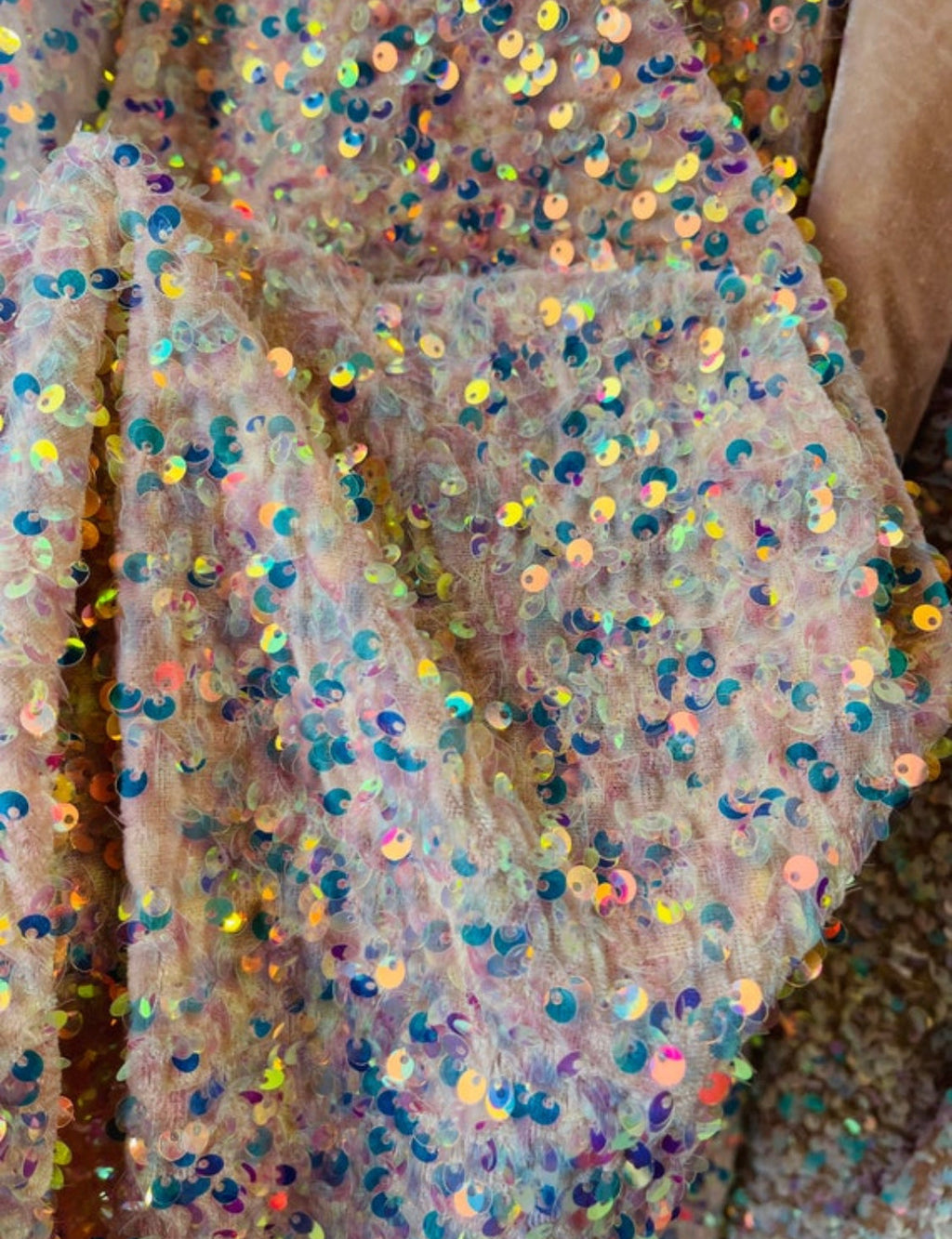 Clear iridescent Sequins Fabric on Lt Pink Stretch Velvet - 2 Way Stretch Velvet Sequins Fabric By Yard 58/60”
