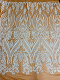 Big Damask Sequins Fabric - White on Dark Nude - 4 Way Stretch Damask Sequins Design Fabric By Yard