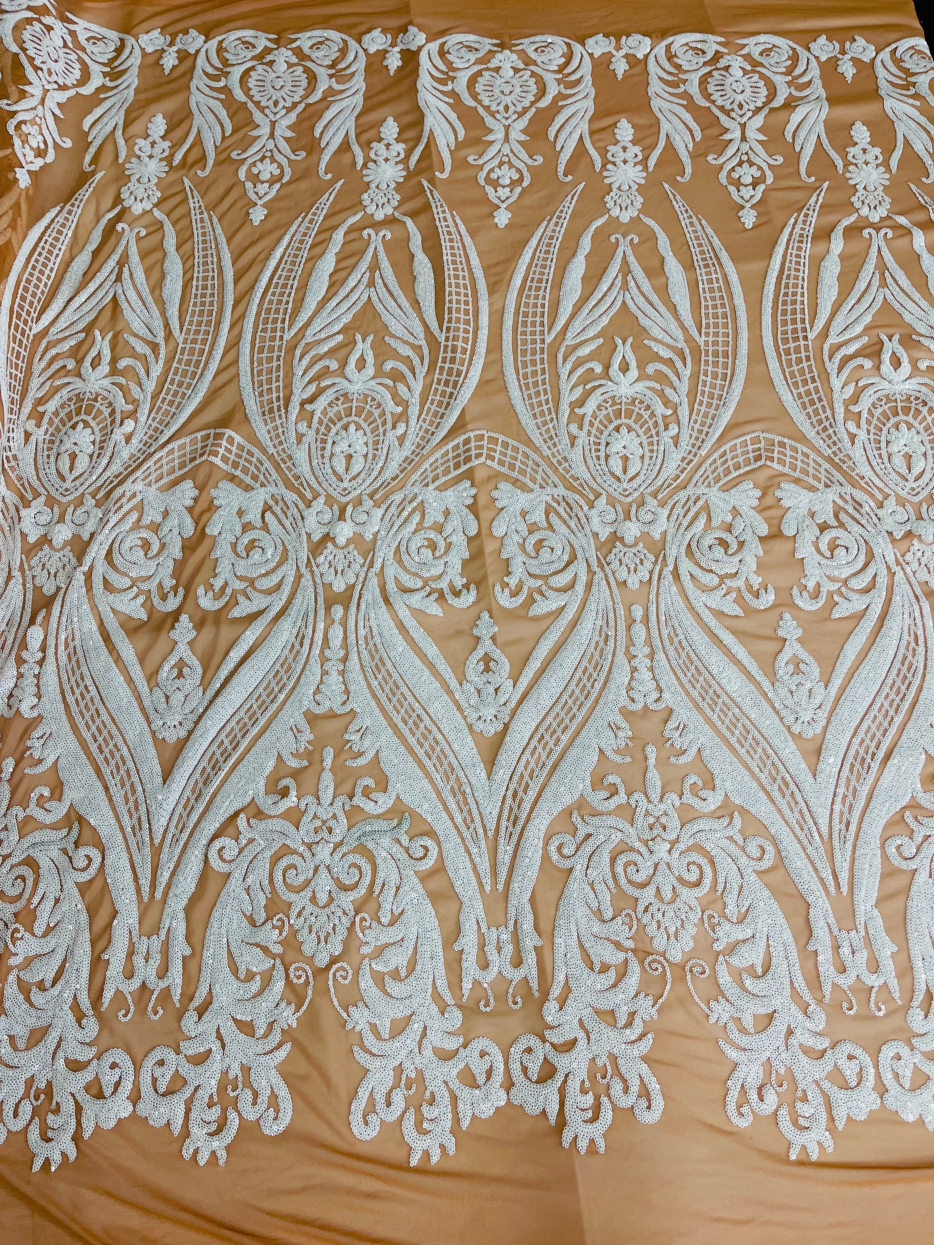 Big Damask Sequins Fabric - White on Dark Nude - 4 Way Stretch Damask Sequins Design Fabric By Yard