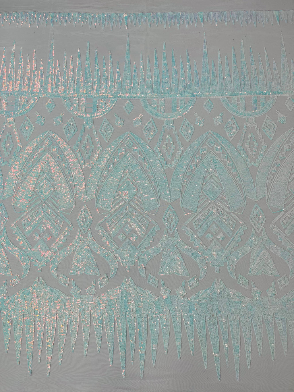BLue/White Iridescent Sequin Fabric, by the yard - White Mesh 4 Way Stretch Aztec Design