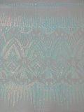BLue/White Iridescent Sequin Fabric, by the yard - White Mesh 4 Way Stretch Aztec Design