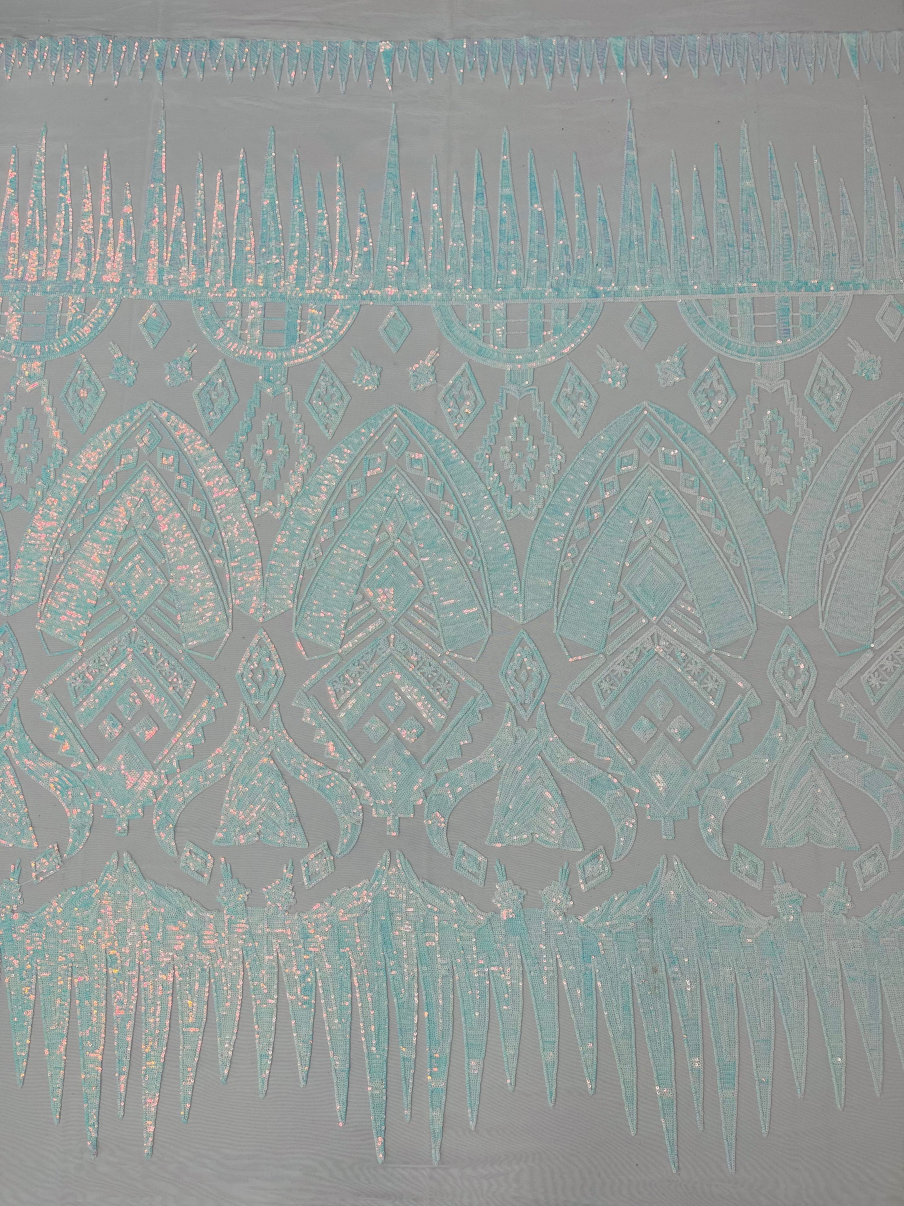 BLue/White Iridescent Sequin Fabric, by the yard - White Mesh 4 Way Stretch Aztec Design