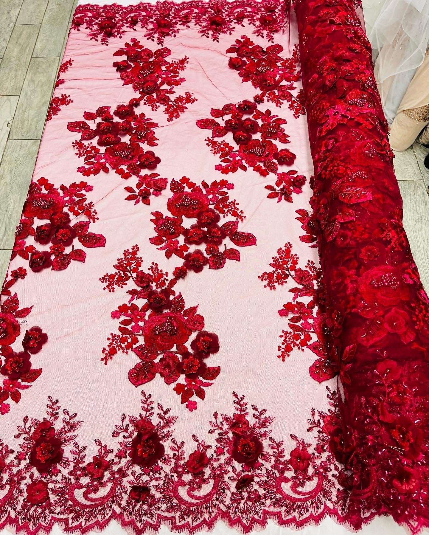Burgundy Flower 3D Fabric - by the Yard - Embroided Fabric Flower Pearls and Beaded Fabric