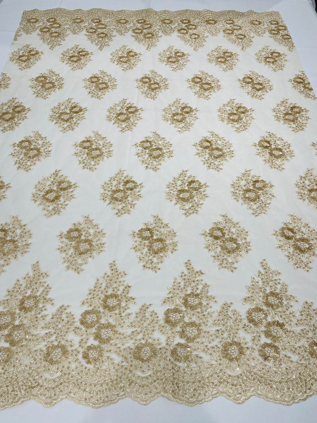 Floral Lace Fabric - Champagne - Flower Cluster Embroidery Design With Sequins on a Mesh