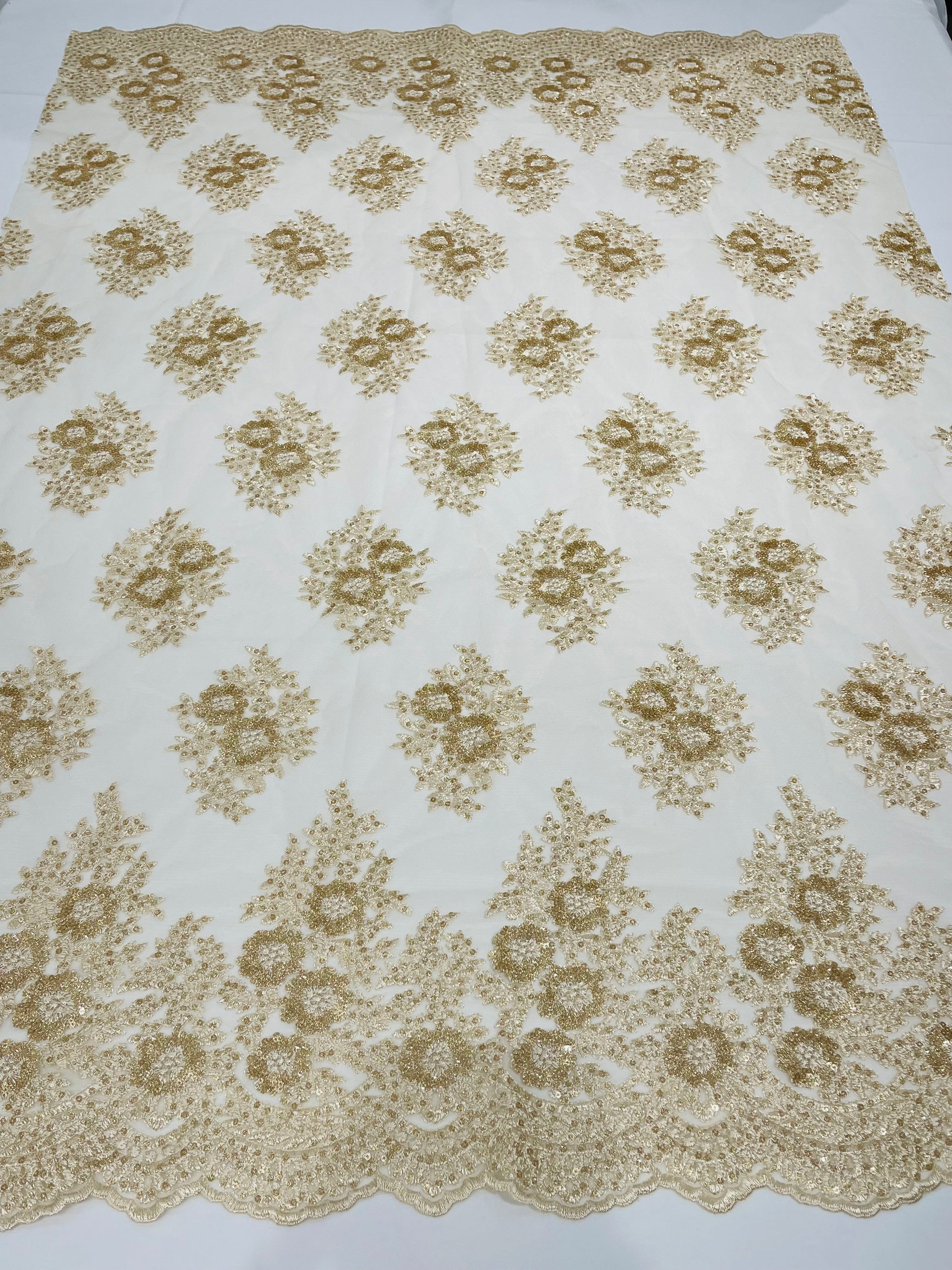 Floral Lace Fabric - Champagne - Flower Cluster Embroidery Design With Sequins on a Mesh