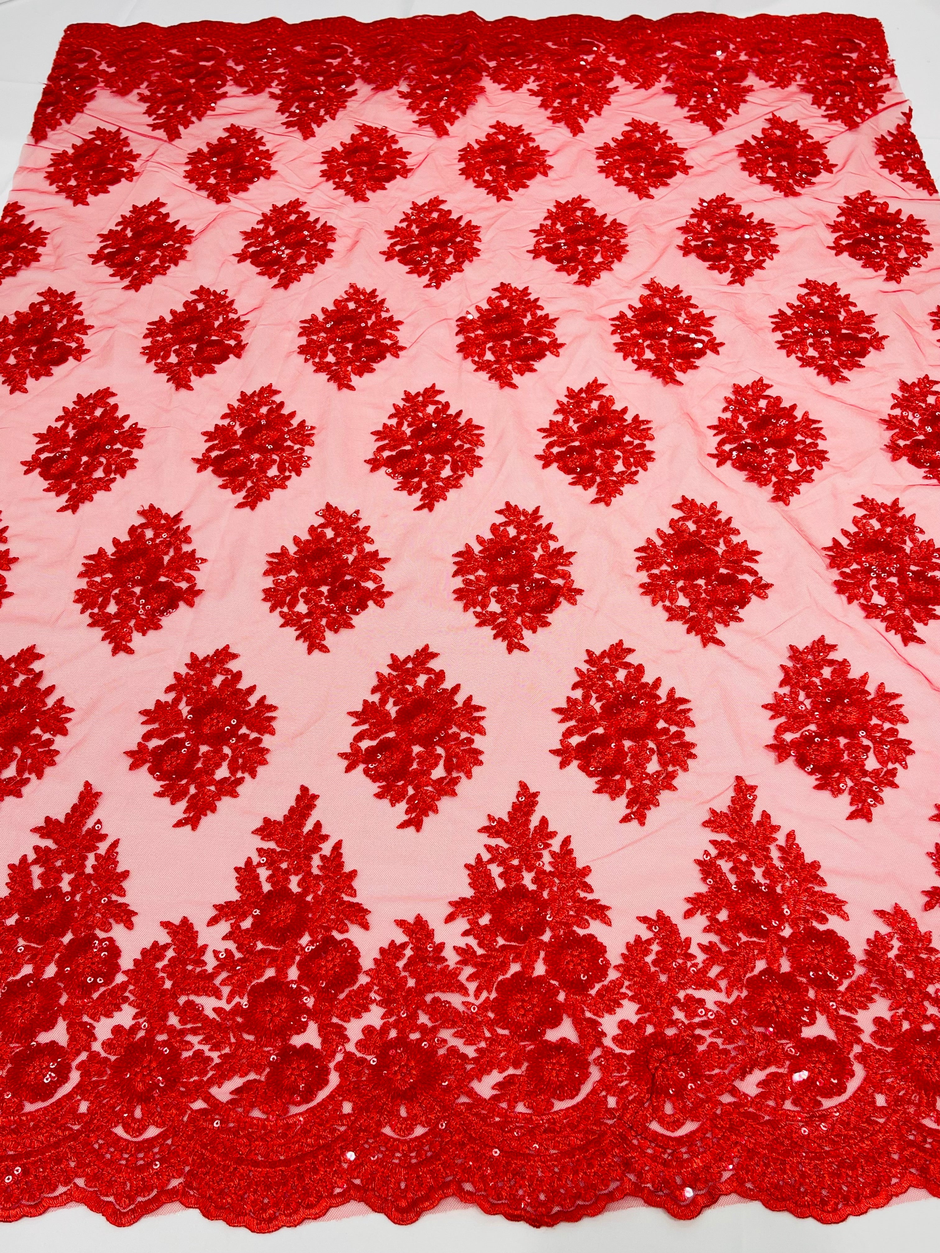 Floral Lace Fabric - Red - Flower Cluster Embroidery Design With Sequins on a Mesh