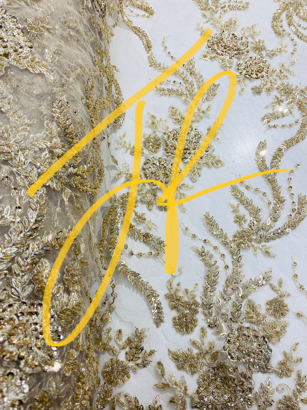 Honey Gold Beaded - Embroidered Floral Design Fancy Sequins Fabric with Beads Sold By The Yard