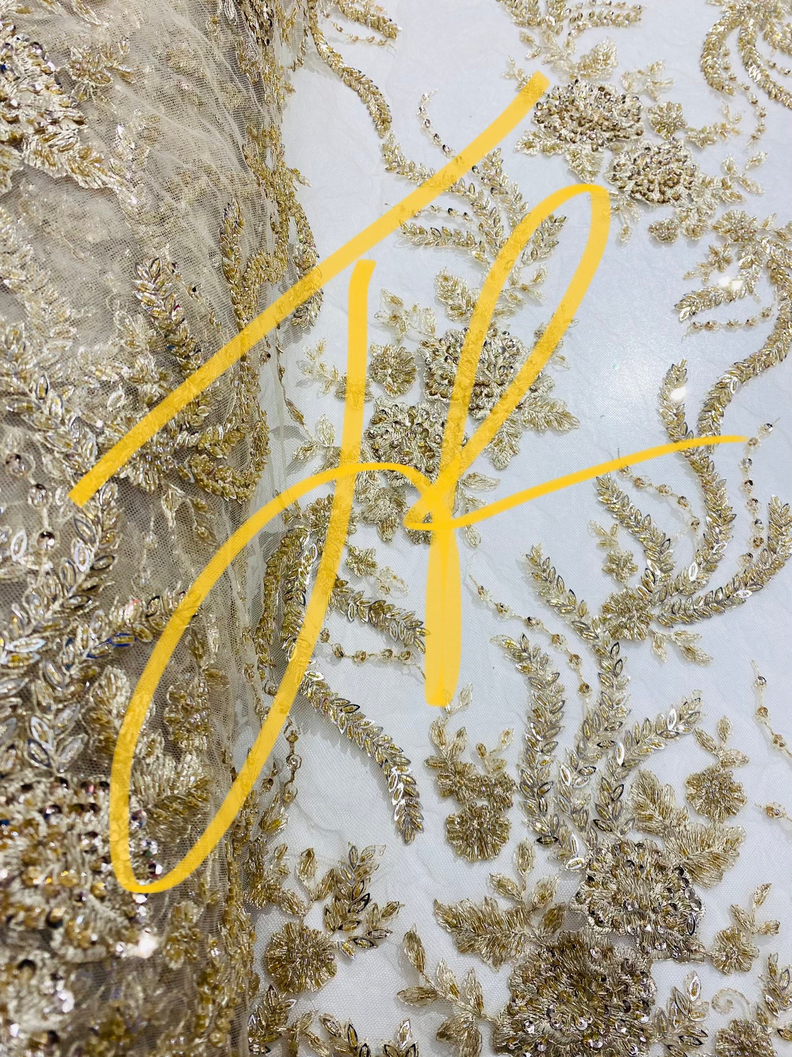Honey Gold Beaded - Embroidered Floral Design Fancy Sequins Fabric with Beads Sold By The Yard