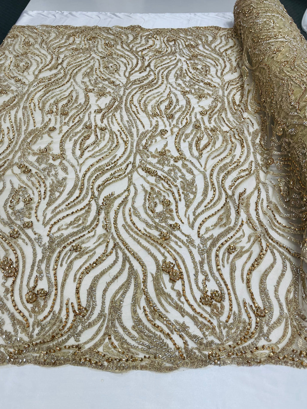 Honey Gold Beaded Fabric - by the yard - Fancy Embroidered Zebra Design with Beads on Mesh Fabric