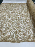 Honey Gold Beaded Fabric - by the yard - Fancy Embroidered Zebra Design with Beads on Mesh Fabric