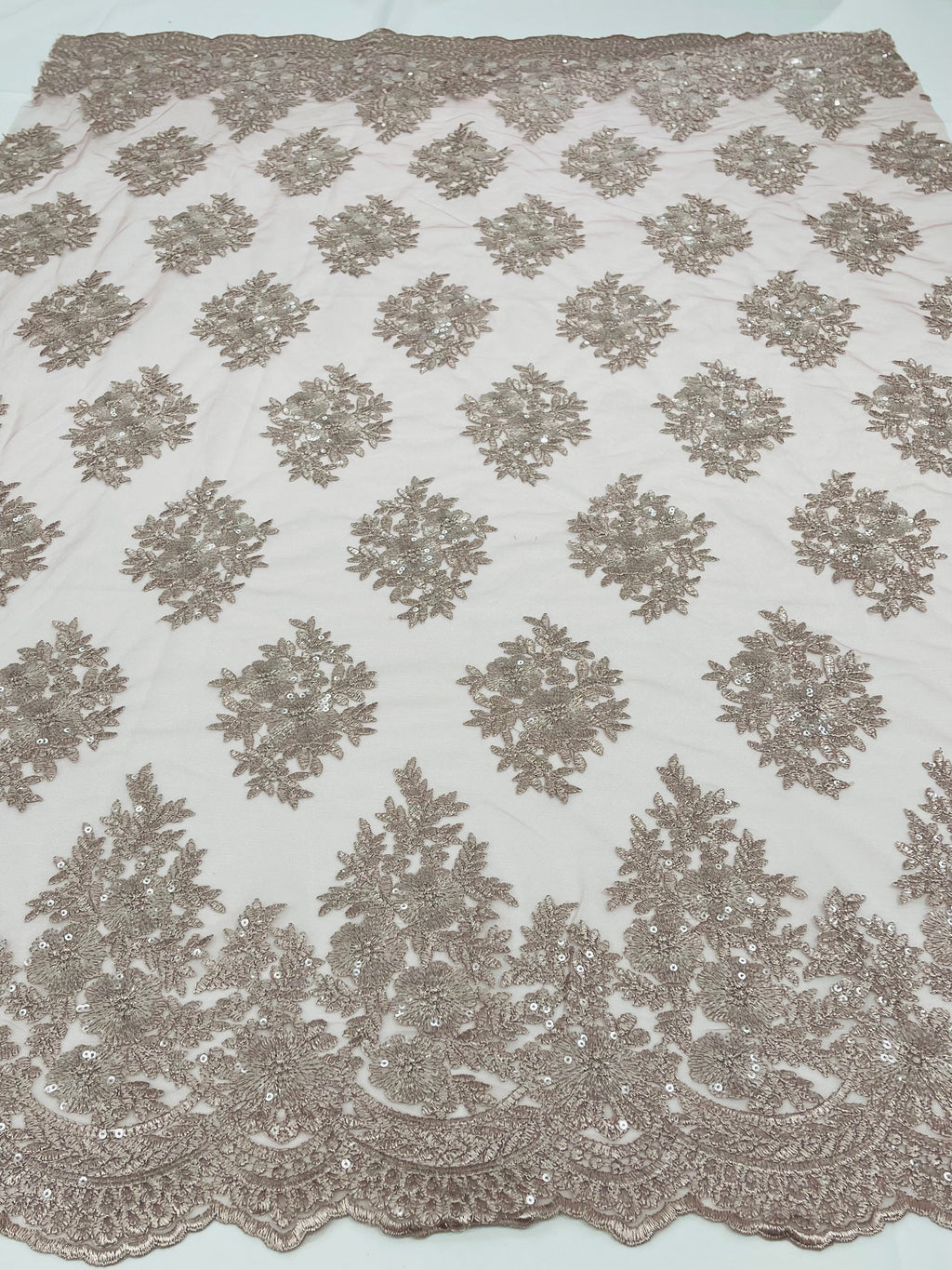 Floral Lace Fabric - Blush on Rose Mesh - Flower Cluster Embroidery Design With Sequins on a Mesh
