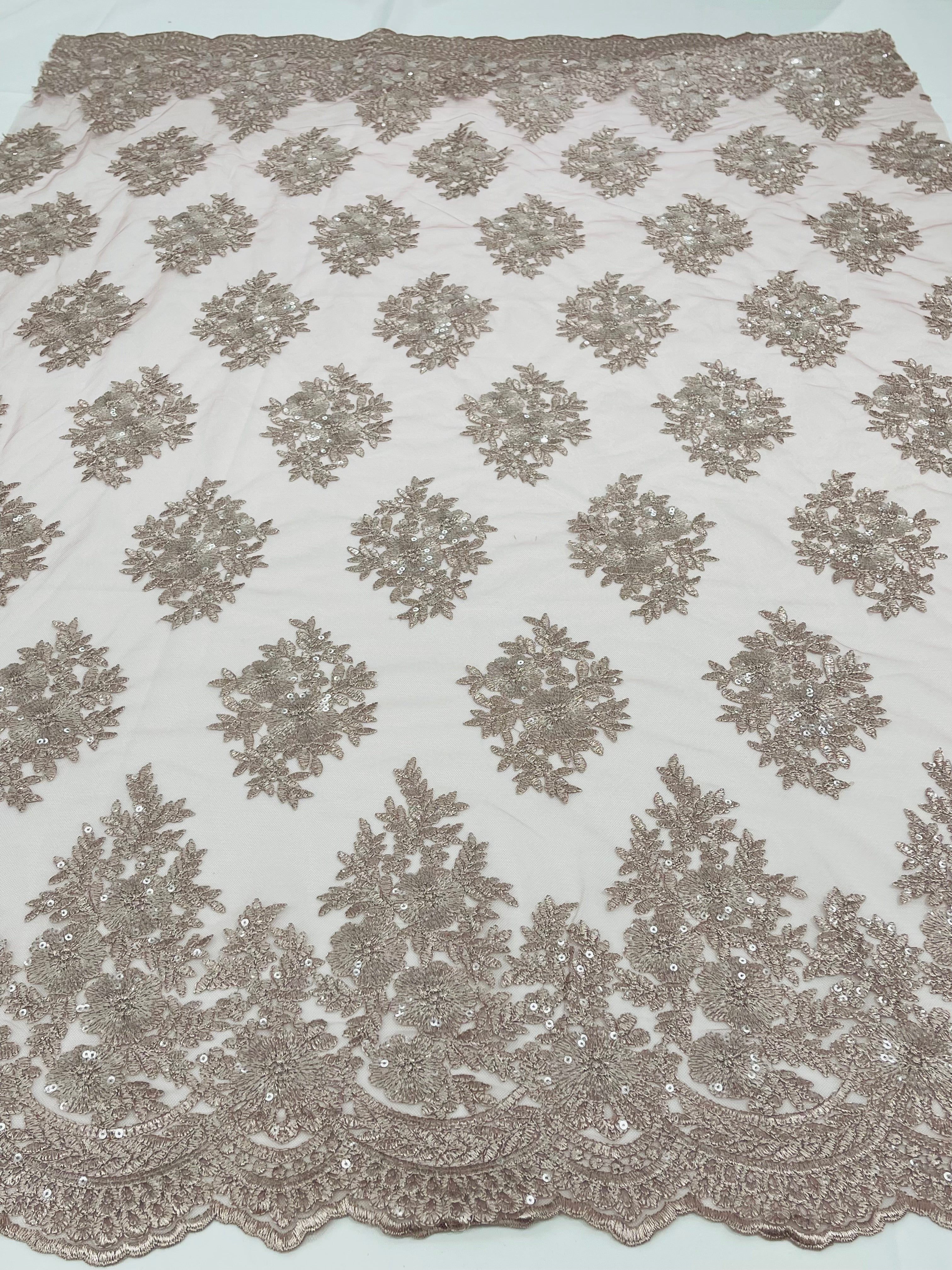 Floral Lace Fabric - Blush on Rose Mesh - Flower Cluster Embroidery Design With Sequins on a Mesh