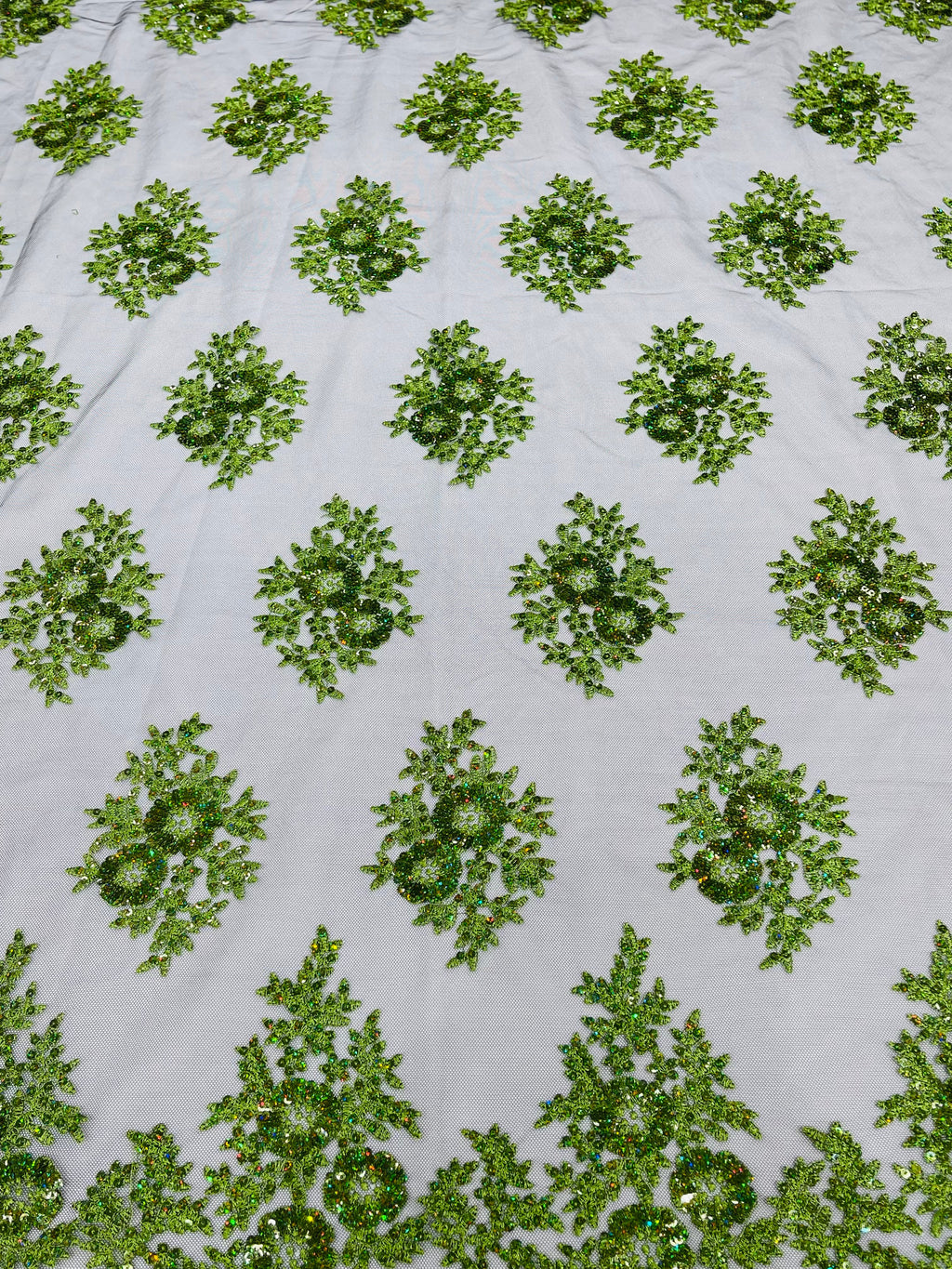 Floral Lace Fabric - Green on Black Mesh - Flower Cluster Embroidery Design With Sequins on a Mesh