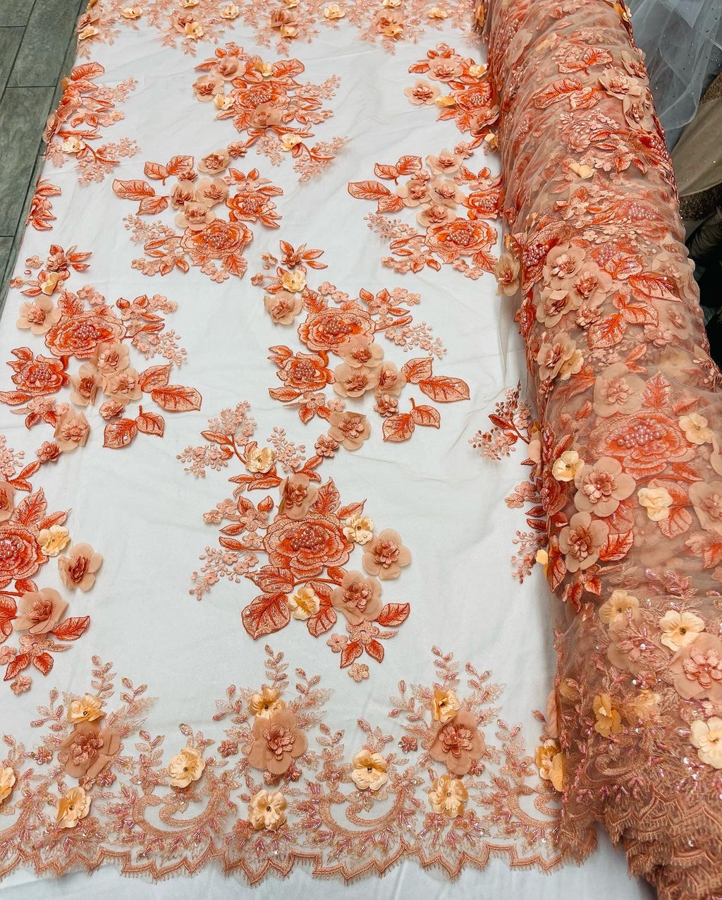 Orange Flower 3D Fabric - by the Yard - Embroided Fabric Flower Pearls and Beaded Fabric