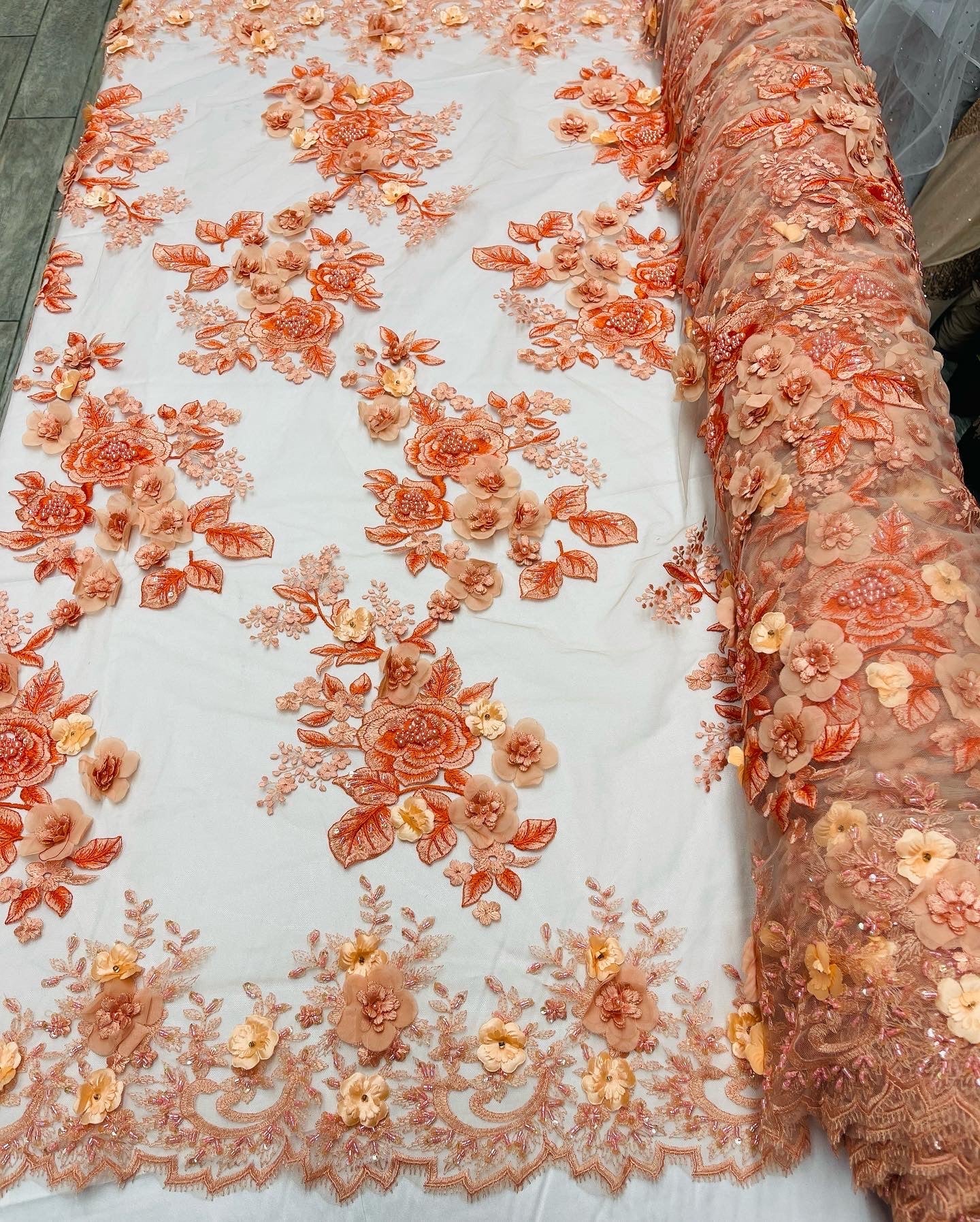 Orange Flower 3D Fabric - by the Yard - Embroided Fabric Flower Pearls and Beaded Fabric