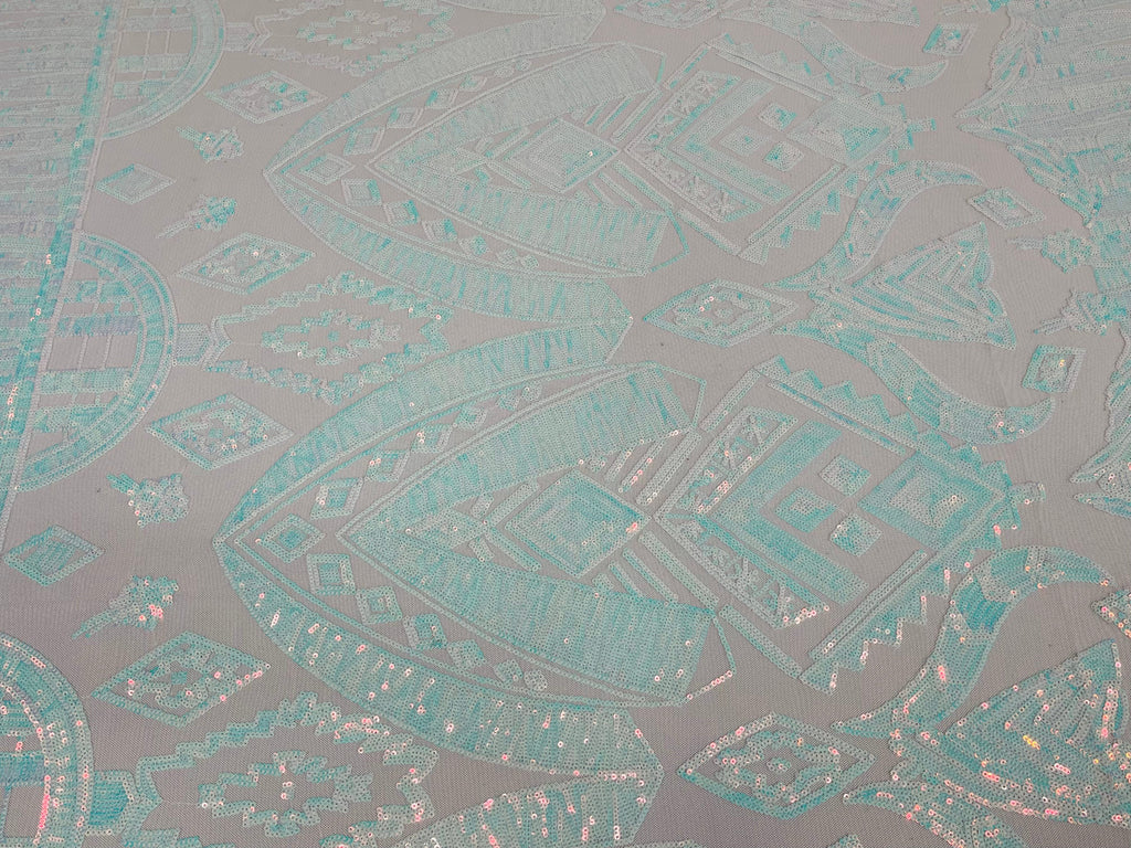 BLue/White Iridescent Sequin Fabric, by the yard - White Mesh 4 Way Stretch Aztec Design