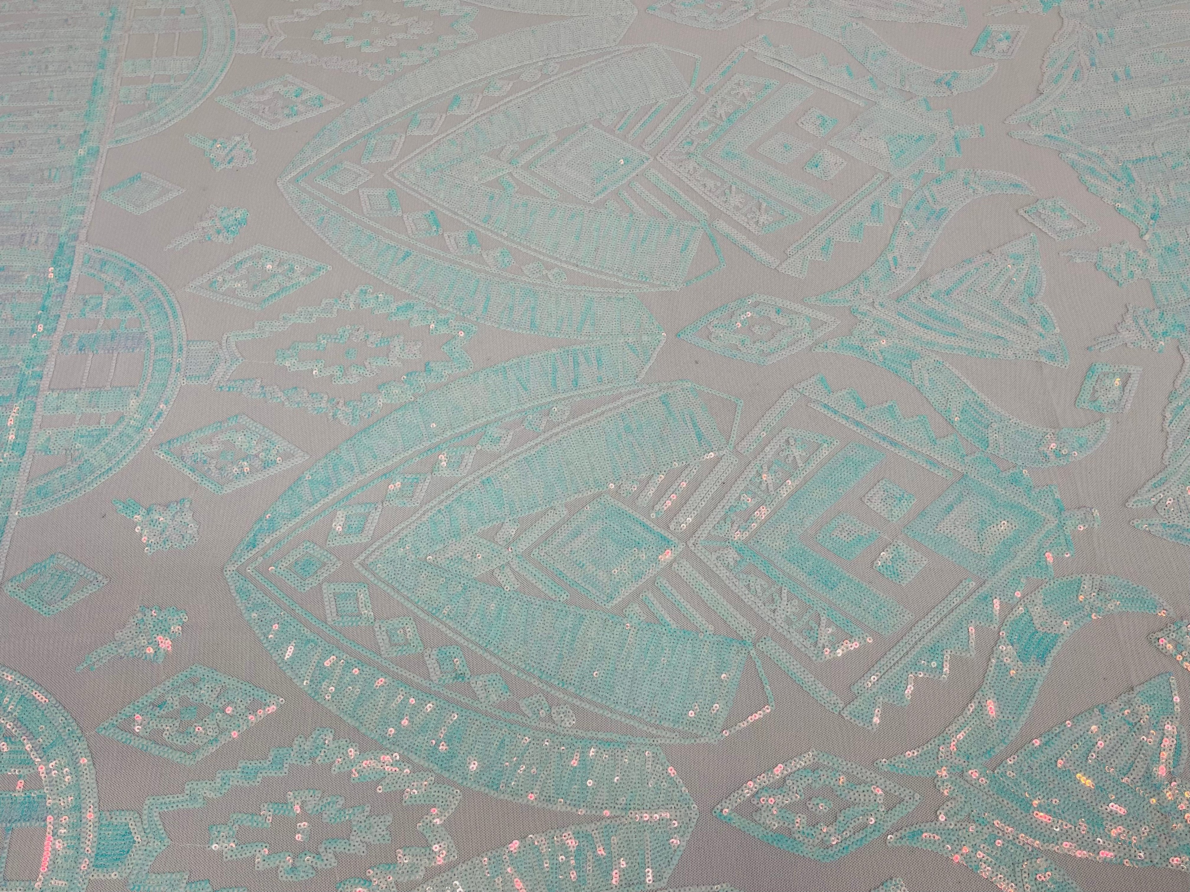 BLue/White Iridescent Sequin Fabric, by the yard - White Mesh 4 Way Stretch Aztec Design