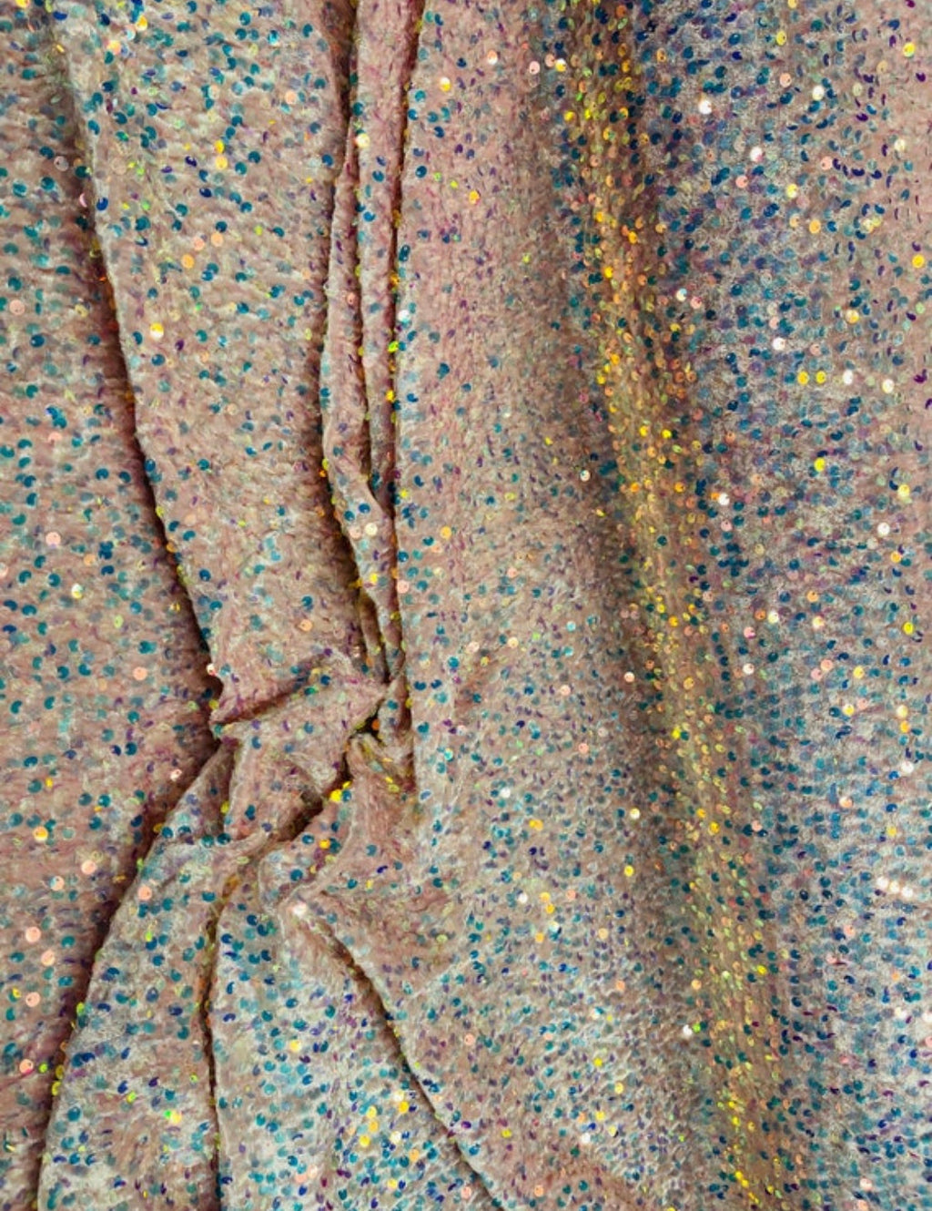 Clear iridescent Sequins Fabric on Lt Pink Stretch Velvet - 2 Way Stretch Velvet Sequins Fabric By Yard 58/60”