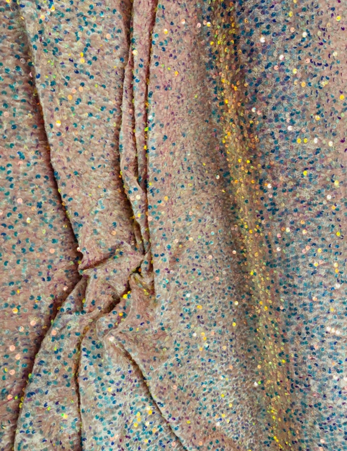 Clear iridescent Sequins Fabric on Lt Pink Stretch Velvet - 2 Way Stretch Velvet Sequins Fabric By Yard 58/60”
