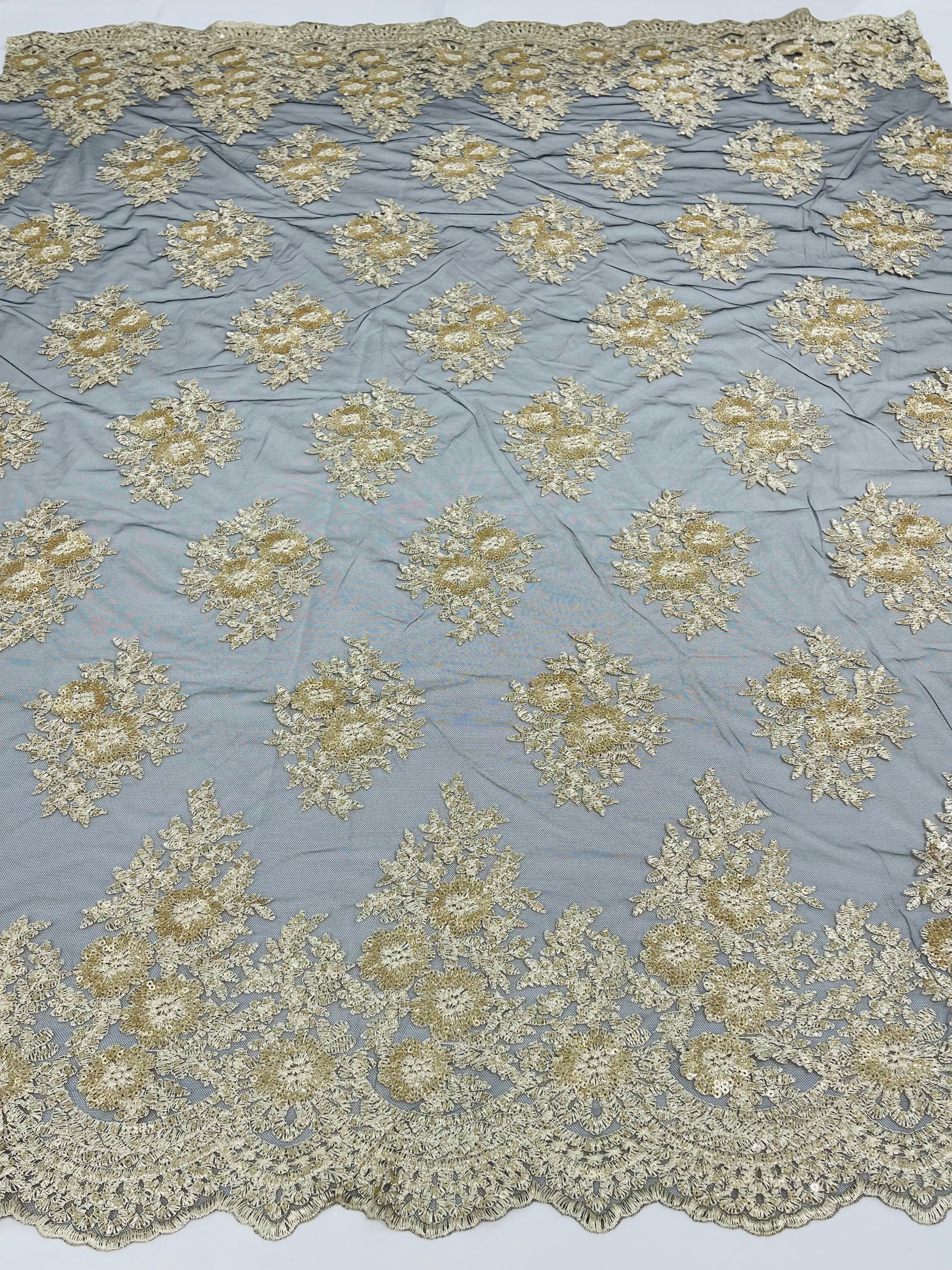 Floral Lace Fabric - Gold on Black Mesh - Flower Cluster Embroidery Design With Sequins on a Mesh