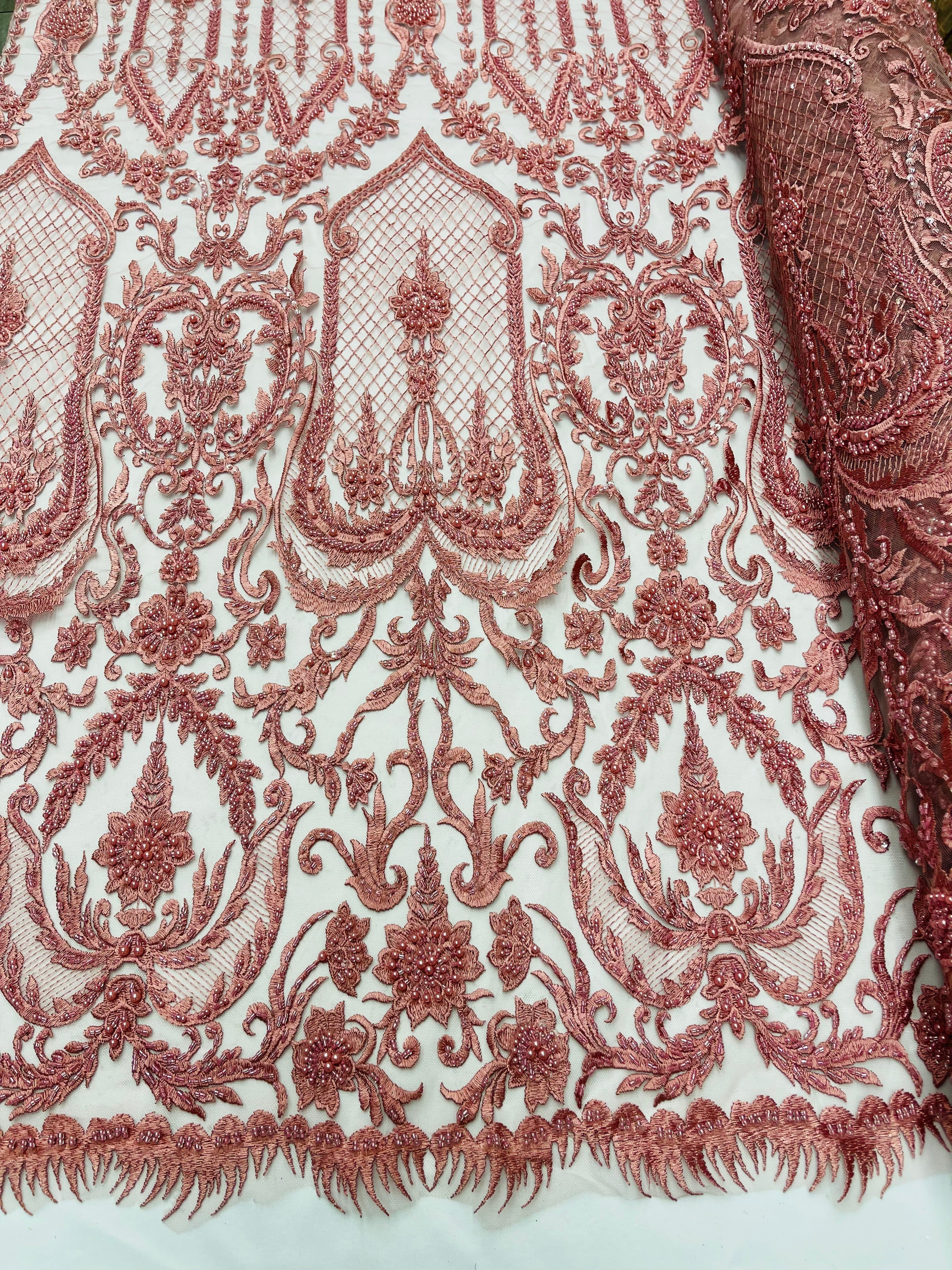 Dusty Rose Beaded Damask Fabric - by the yard - Embroidered with Beads and Sequins on Mesh Fabric