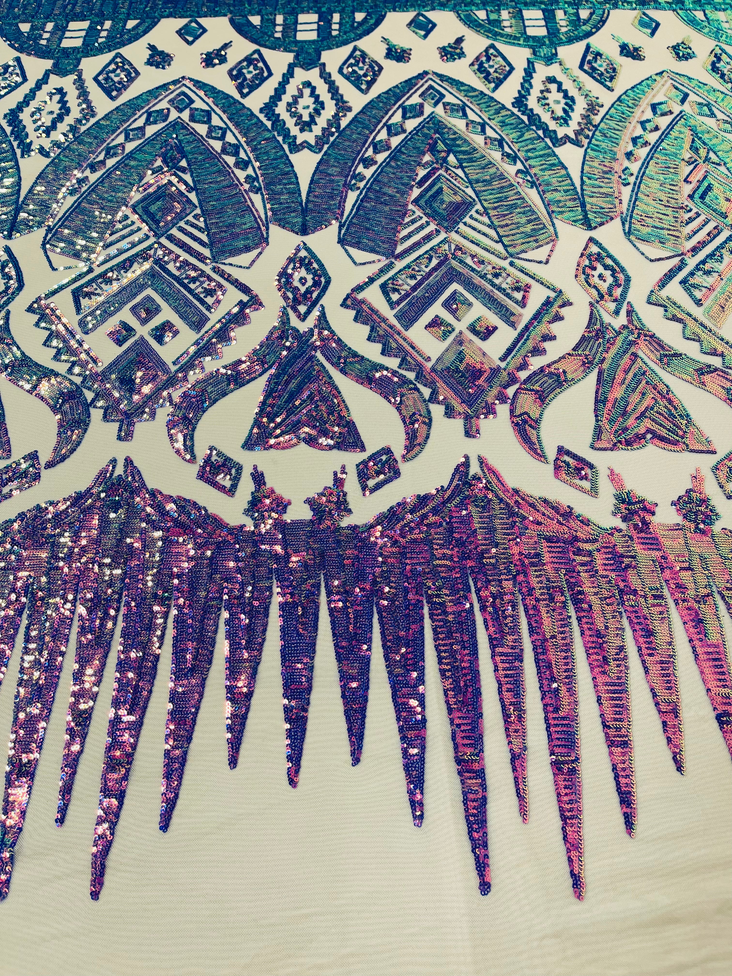 Lavender/Purple Iridescent Sequin Fabric, by the yard - Nude Mesh 4 Way Stretch Aztec Design
