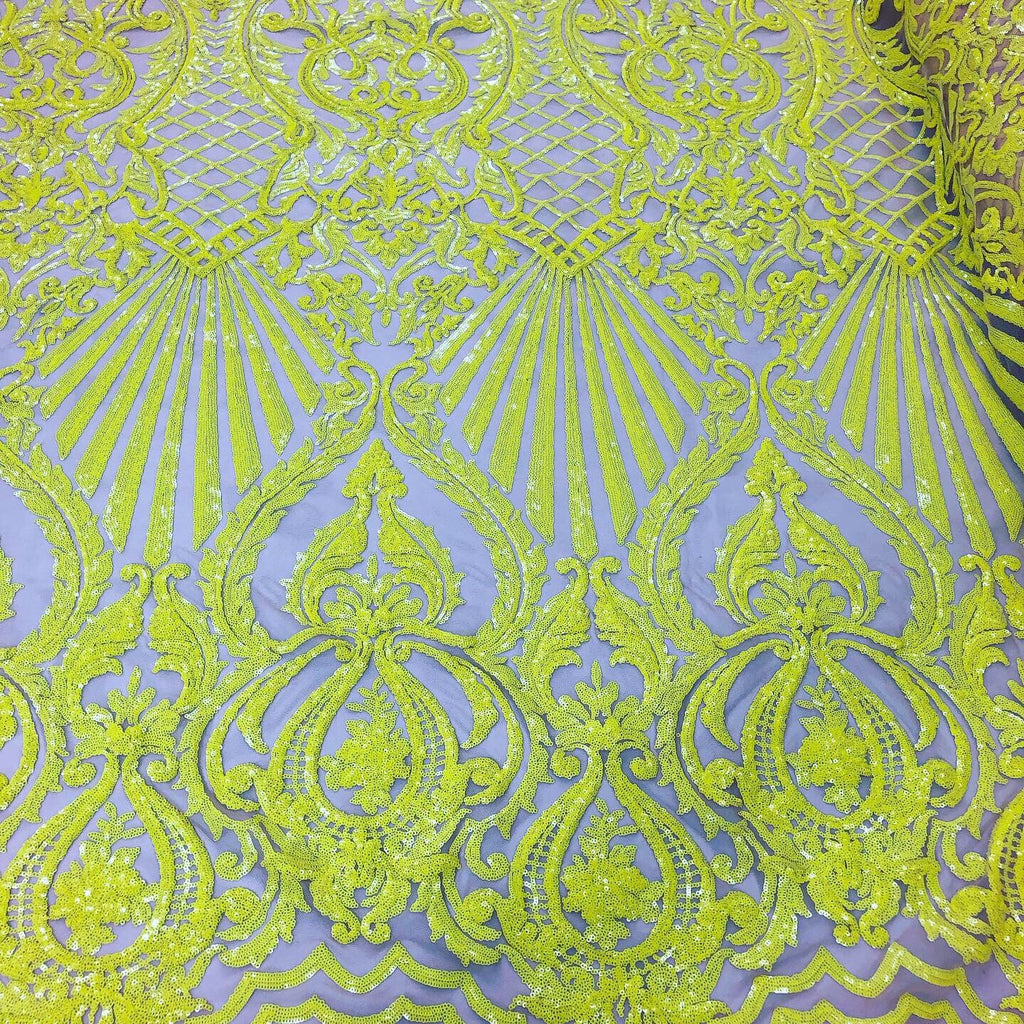 4 Way Stretch Damask Design Yellow Sequins Fabric On NUDE Mesh By Yard