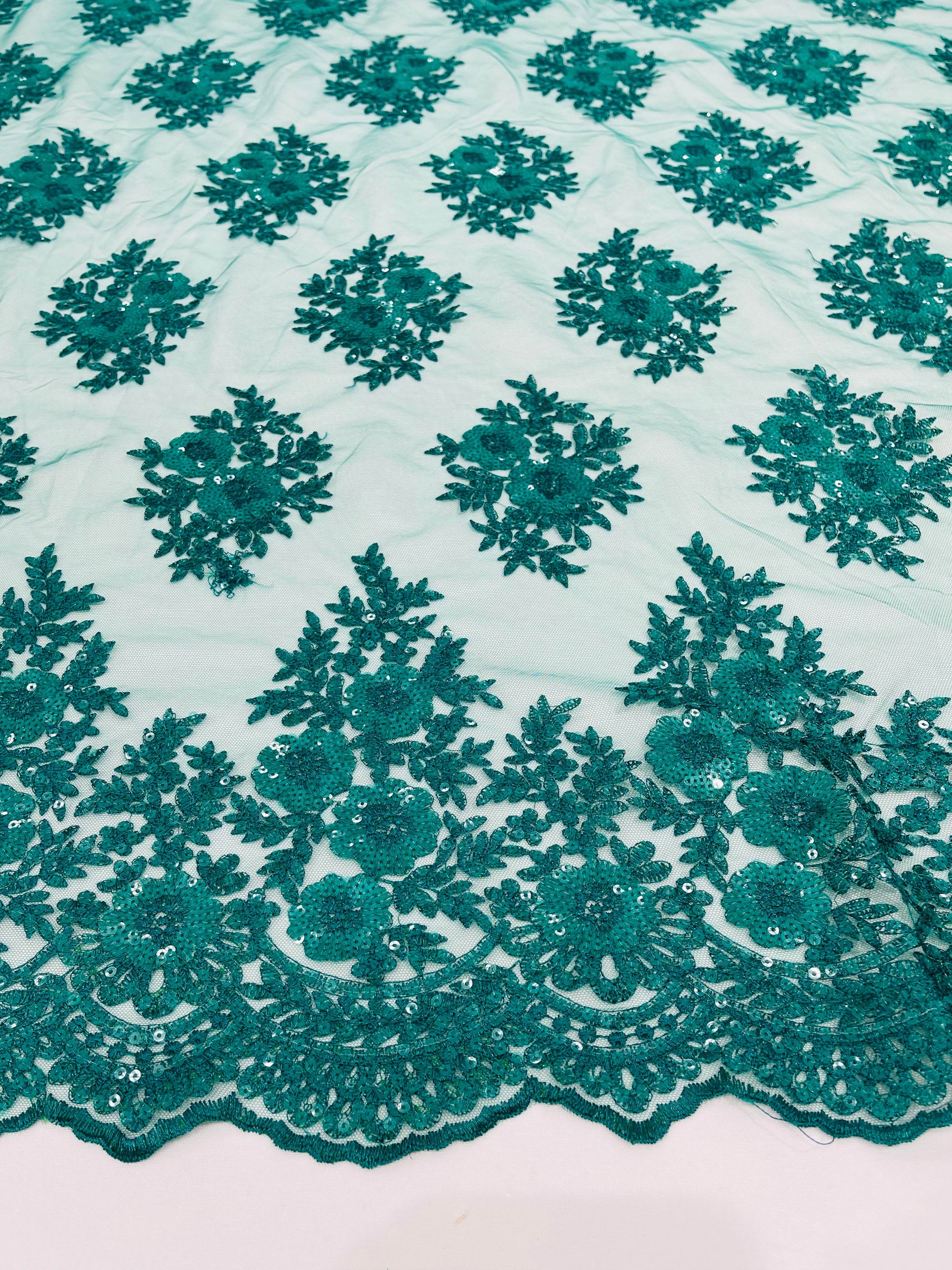 Floral Lace Fabric - Teal Green - Flower Cluster Embroidery Design With Sequins on a Mesh