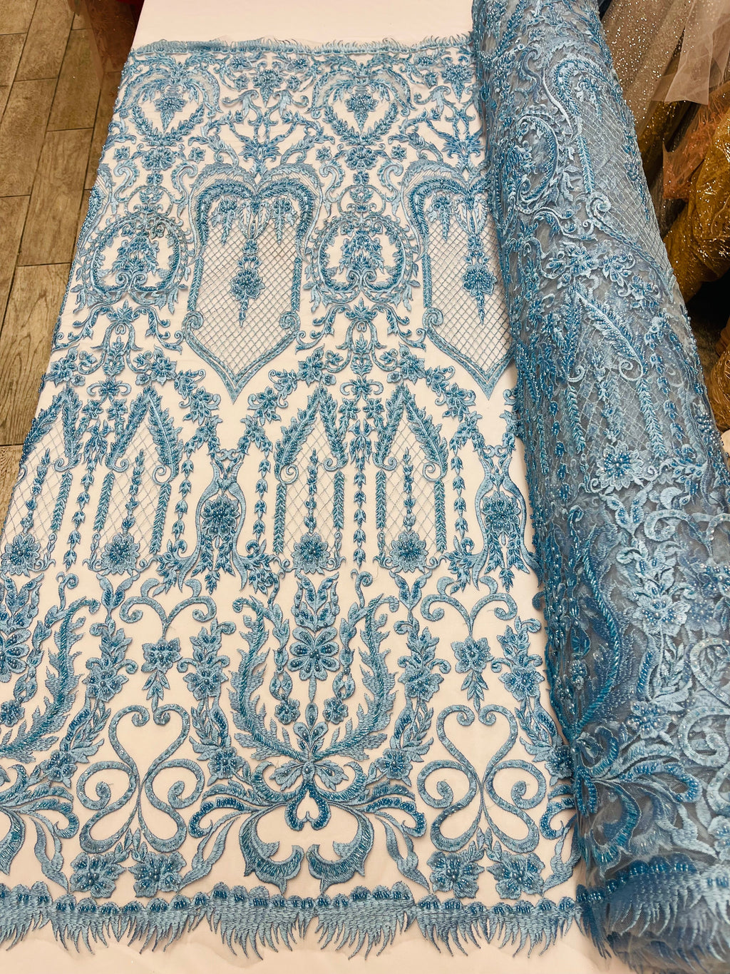 Blue Beaded Damask Fabric - by the yard - Embroidered with Beads and Sequins on Mesh Fabric