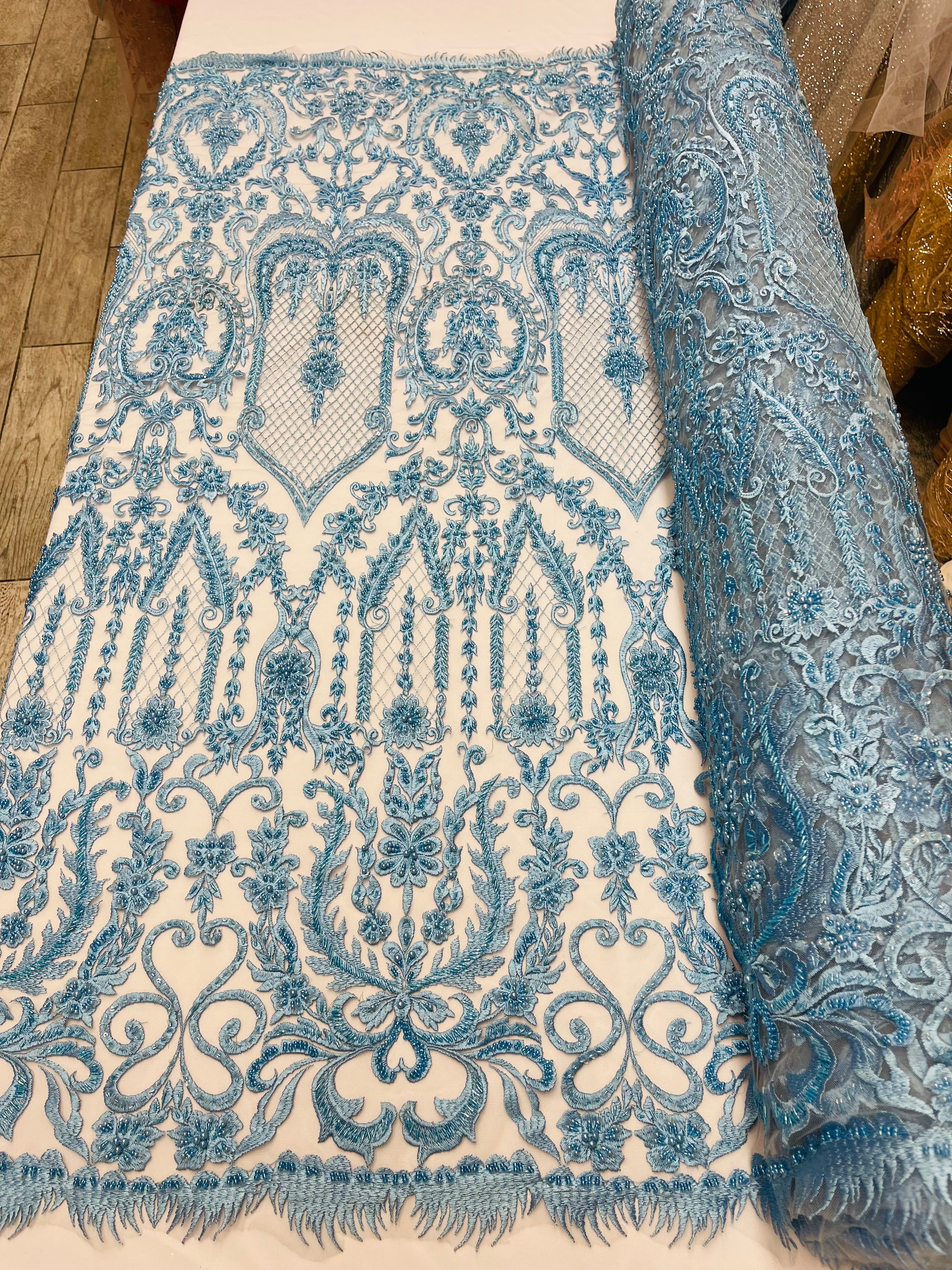 Blue Beaded Damask Fabric - by the yard - Embroidered with Beads and Sequins on Mesh Fabric