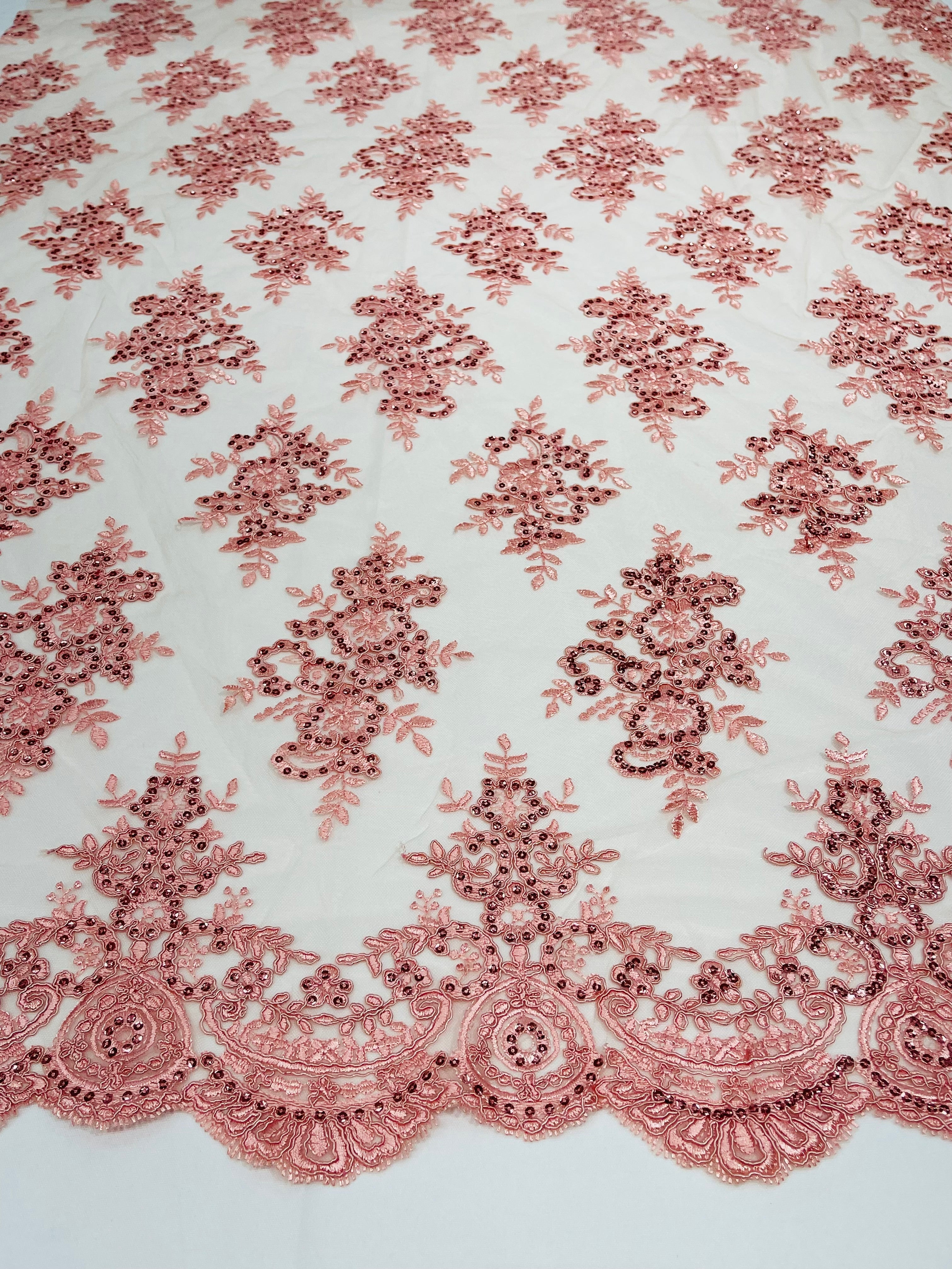 Lt Coral Floral Lace Fabric - by the yard - Corded Flower Embroidery Design With Sequins on a Mesh
