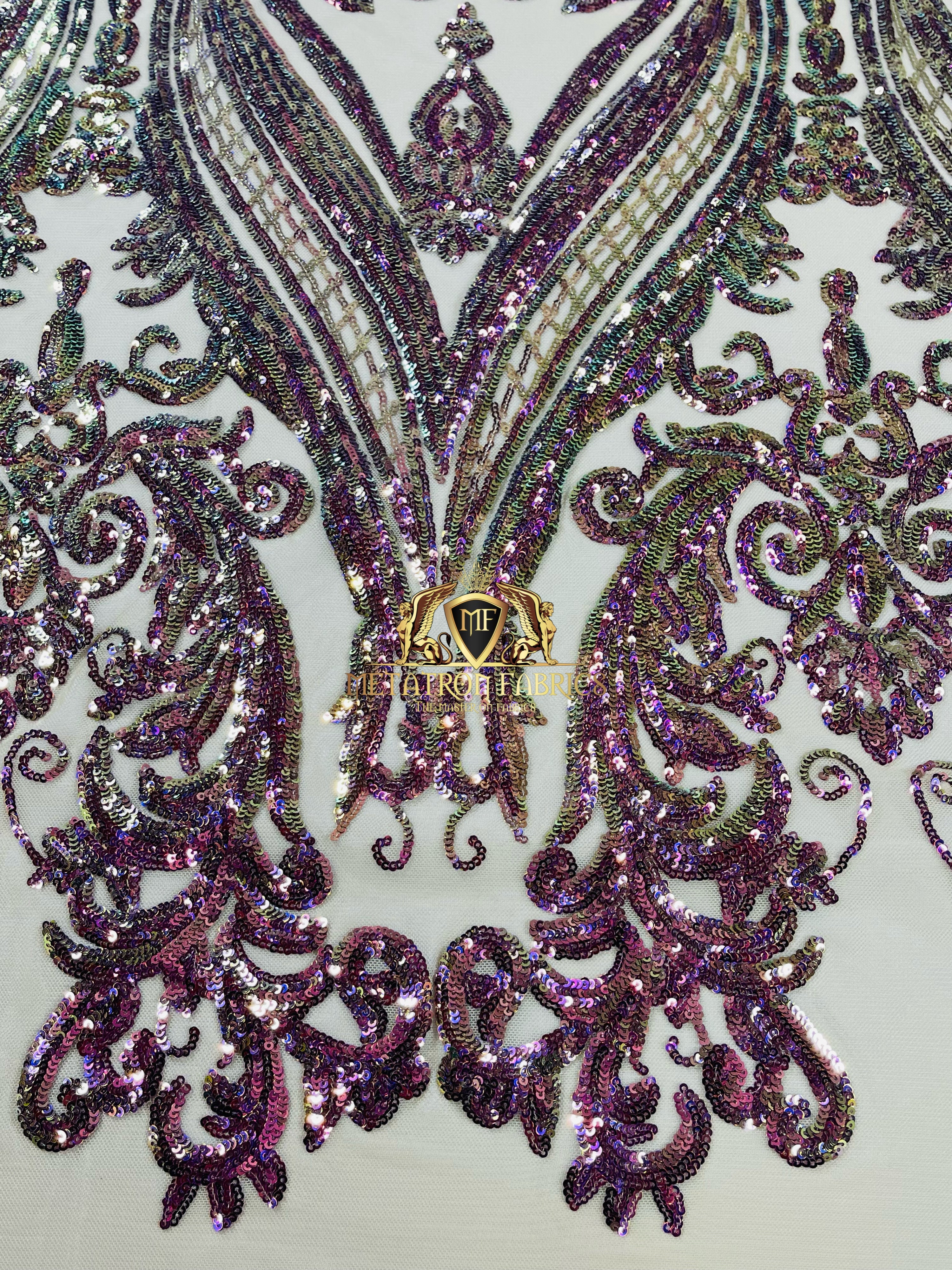 Big Damask Sequins Fabric - Purple Iridescent - 4 Way Stretch Damask Sequins Design Fabric By Yard