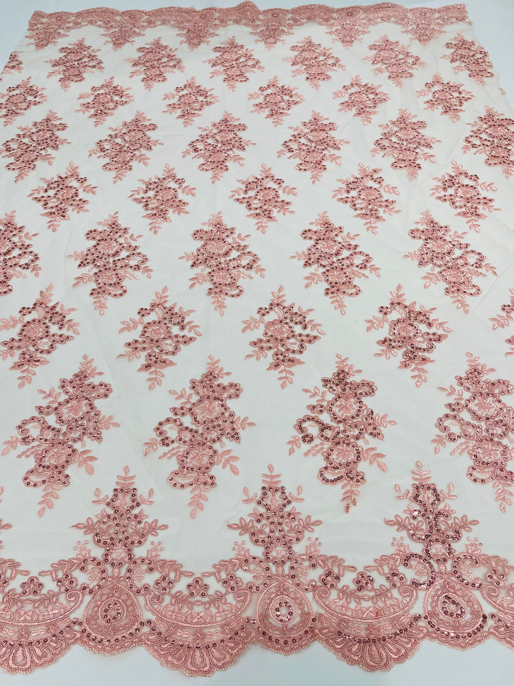 Lt Coral Floral Lace Fabric - by the yard - Corded Flower Embroidery Design With Sequins on a Mesh