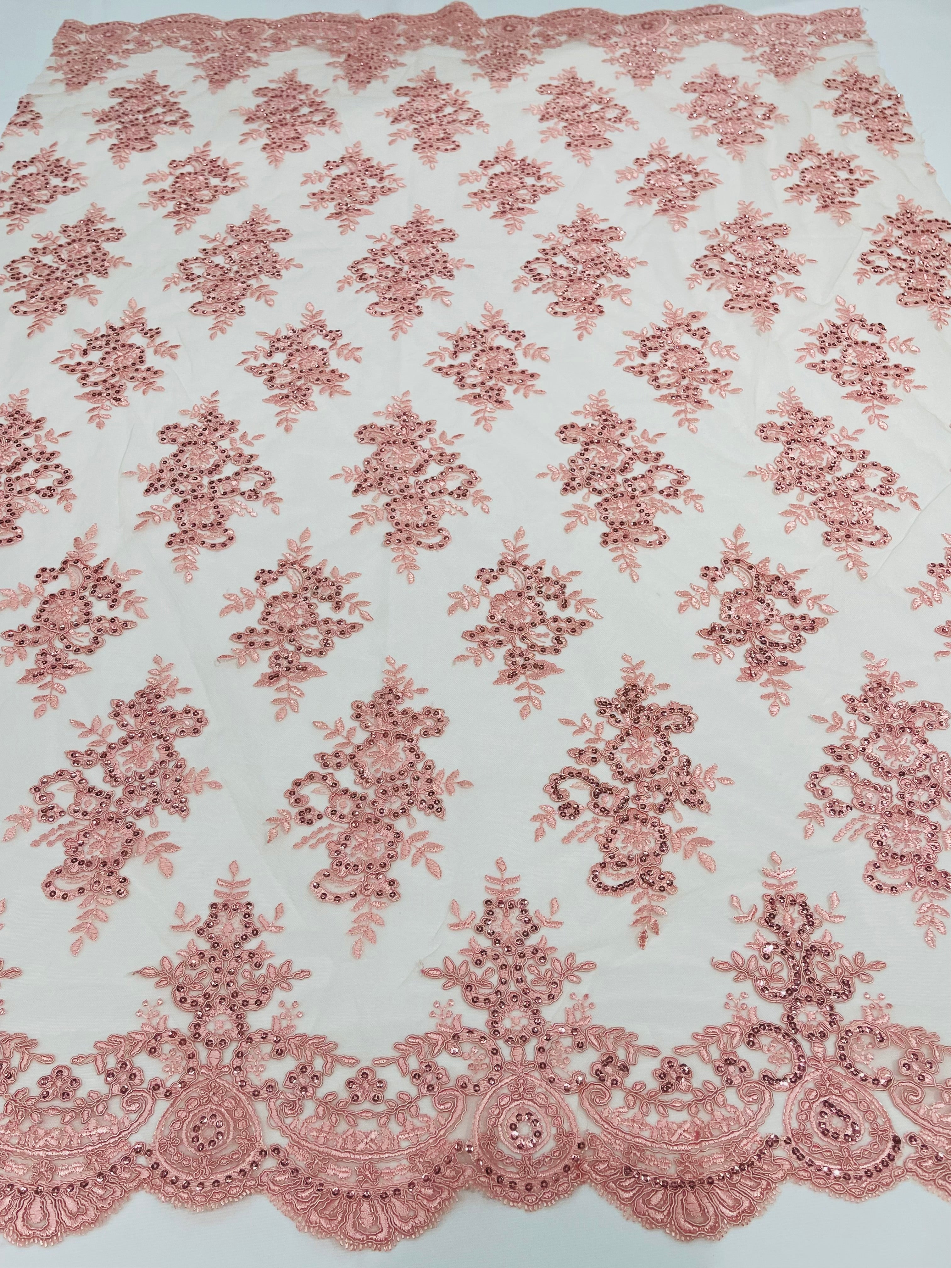 Lt Coral Floral Lace Fabric - by the yard - Corded Flower Embroidery Design With Sequins on a Mesh