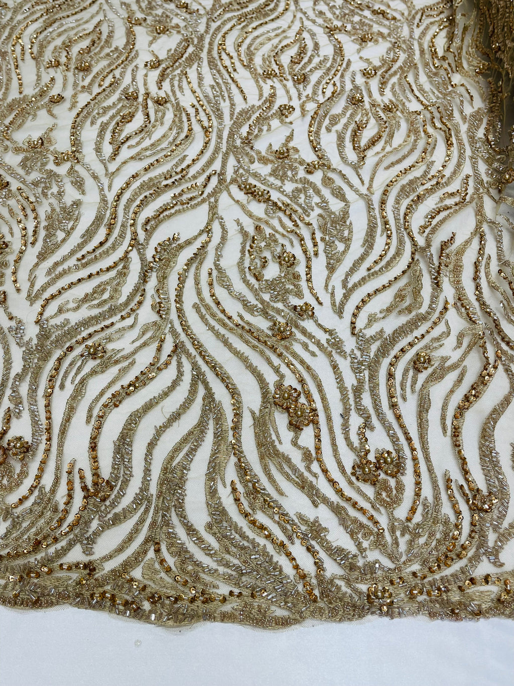 Honey Gold Beaded Fabric - by the yard - Fancy Embroidered Zebra Design with Beads on Mesh Fabric