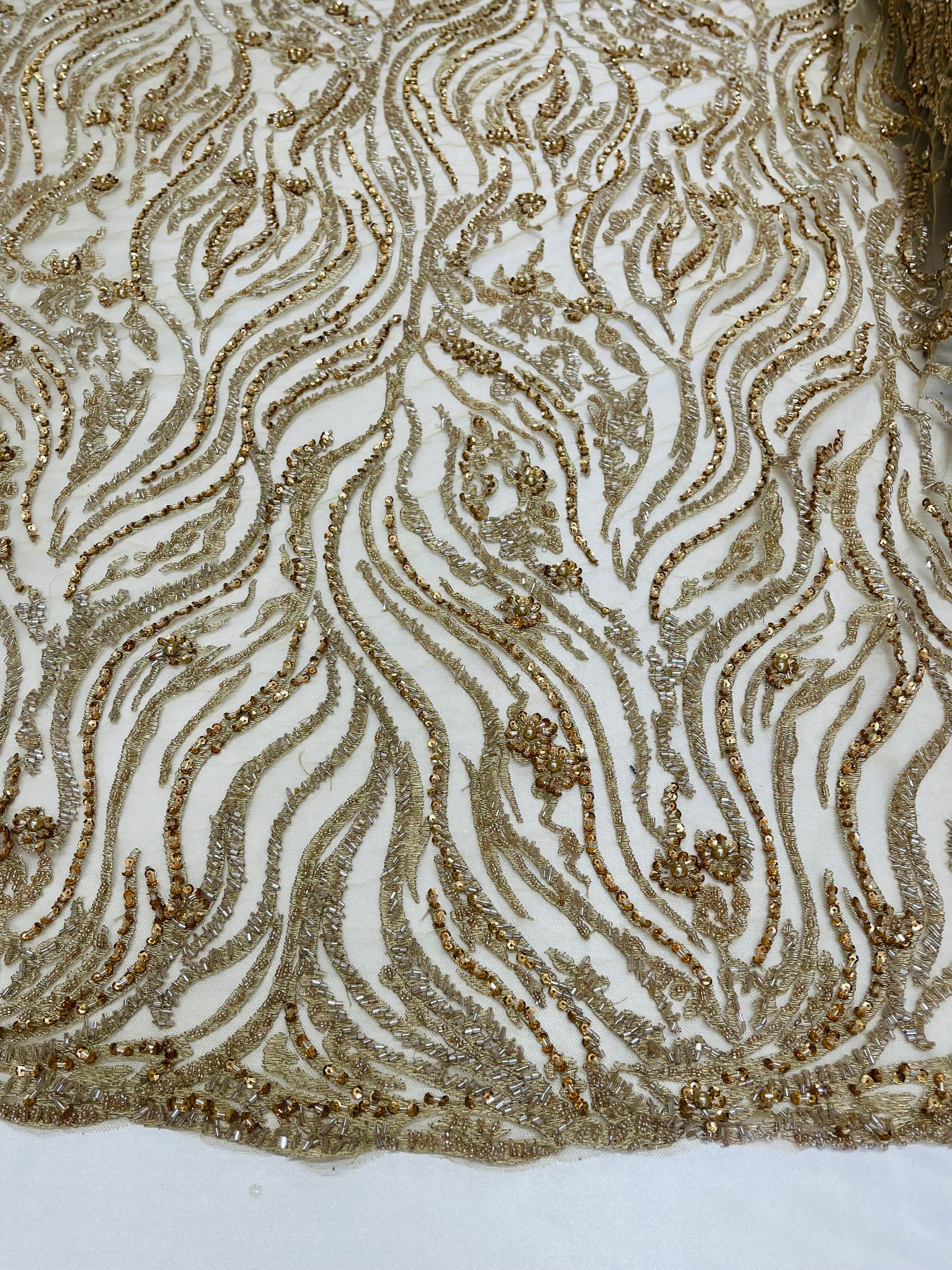 Honey Gold Beaded Fabric - by the yard - Fancy Embroidered Zebra Design with Beads on Mesh Fabric