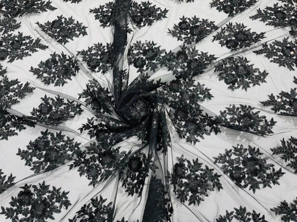 Floral Lace Fabric - Black - Flower Cluster Embroidery Design With Sequins on a Mesh