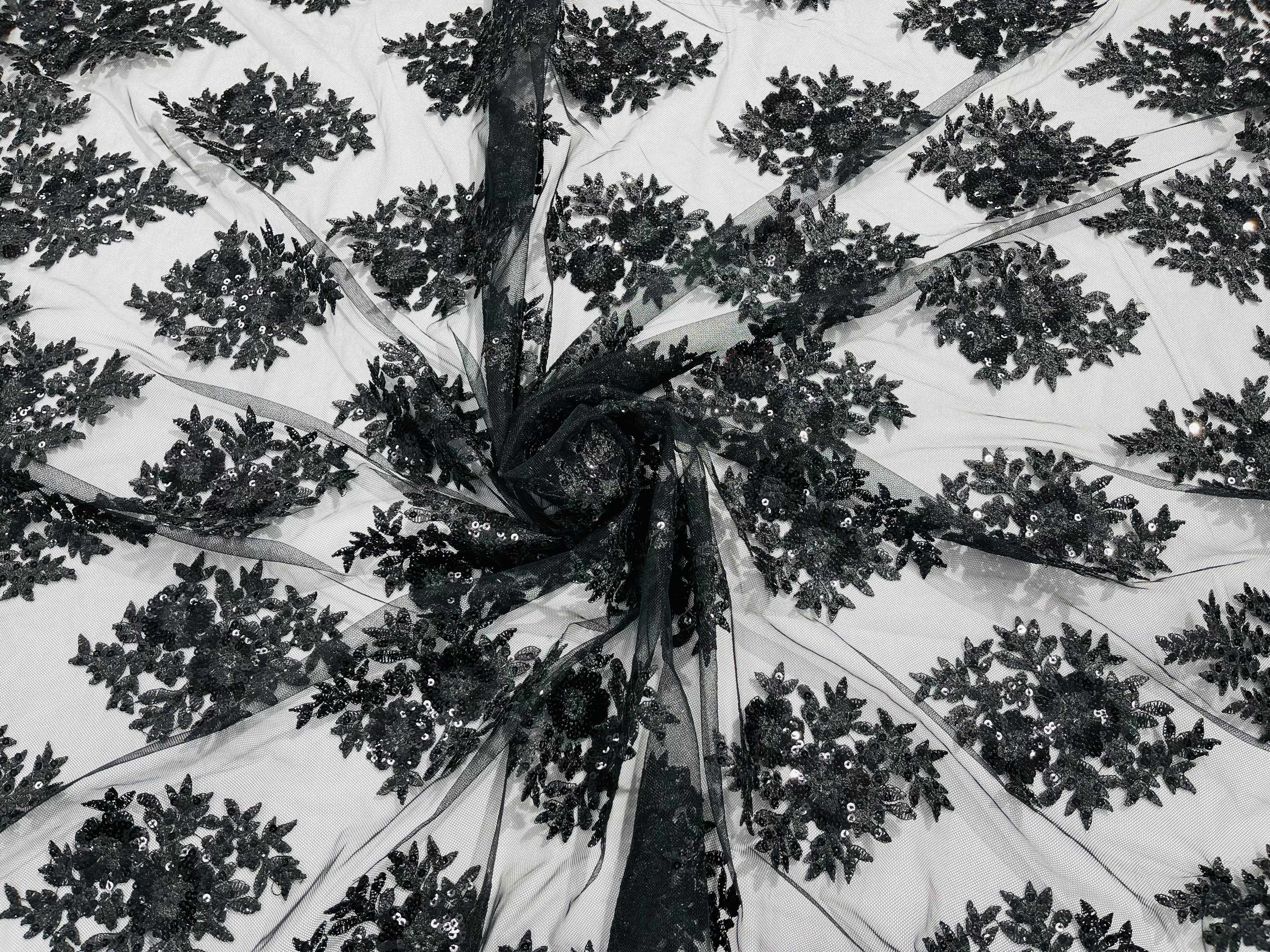 Floral Lace Fabric - Black - Flower Cluster Embroidery Design With Sequins on a Mesh