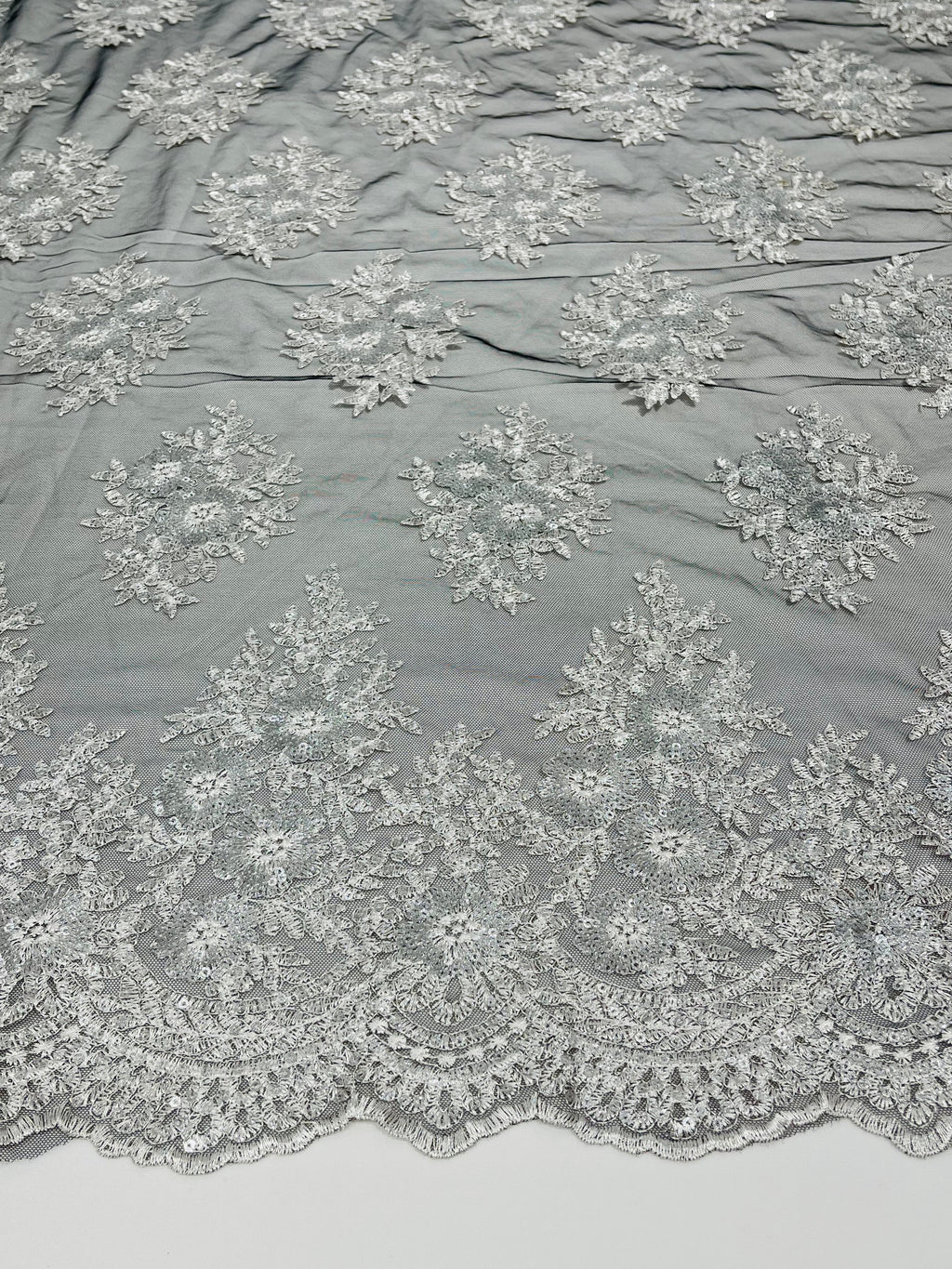 Floral Lace Fabric - Silver on Black Mesh - Flower Cluster Embroidery Design With Sequins on a Mesh