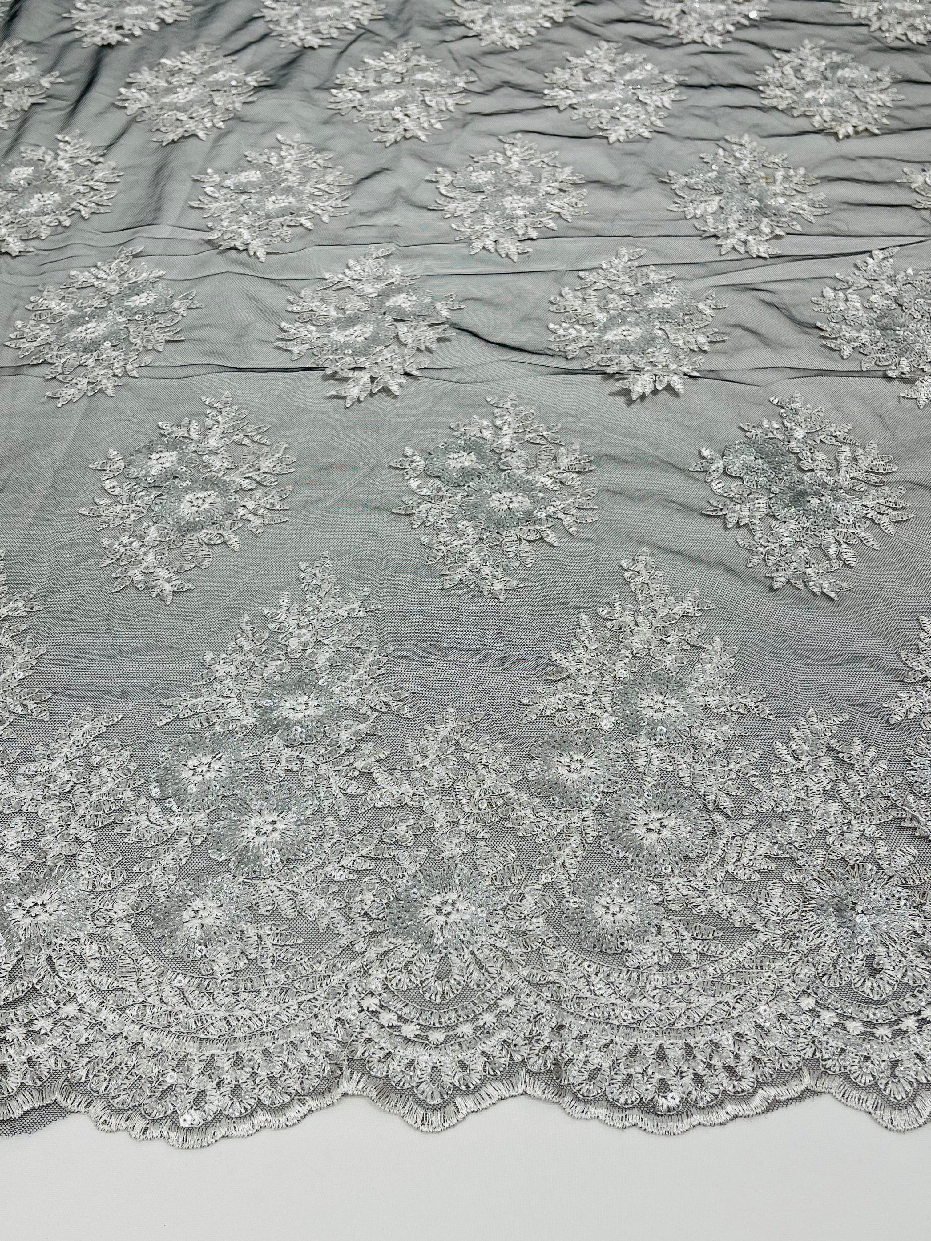 Floral Lace Fabric - Silver on Black Mesh - Flower Cluster Embroidery Design With Sequins on a Mesh