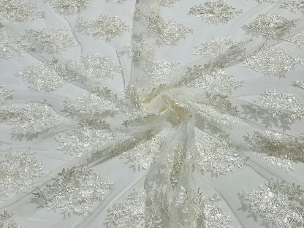 Floral Lace Fabric - Off-White - Flower Cluster Embroidery Design With Sequins on a Mesh