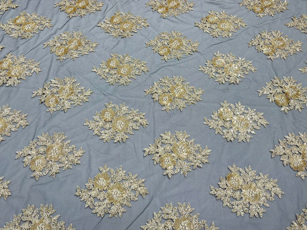 Floral Lace Fabric - Gold on Black Mesh - Flower Cluster Embroidery Design With Sequins on a Mesh