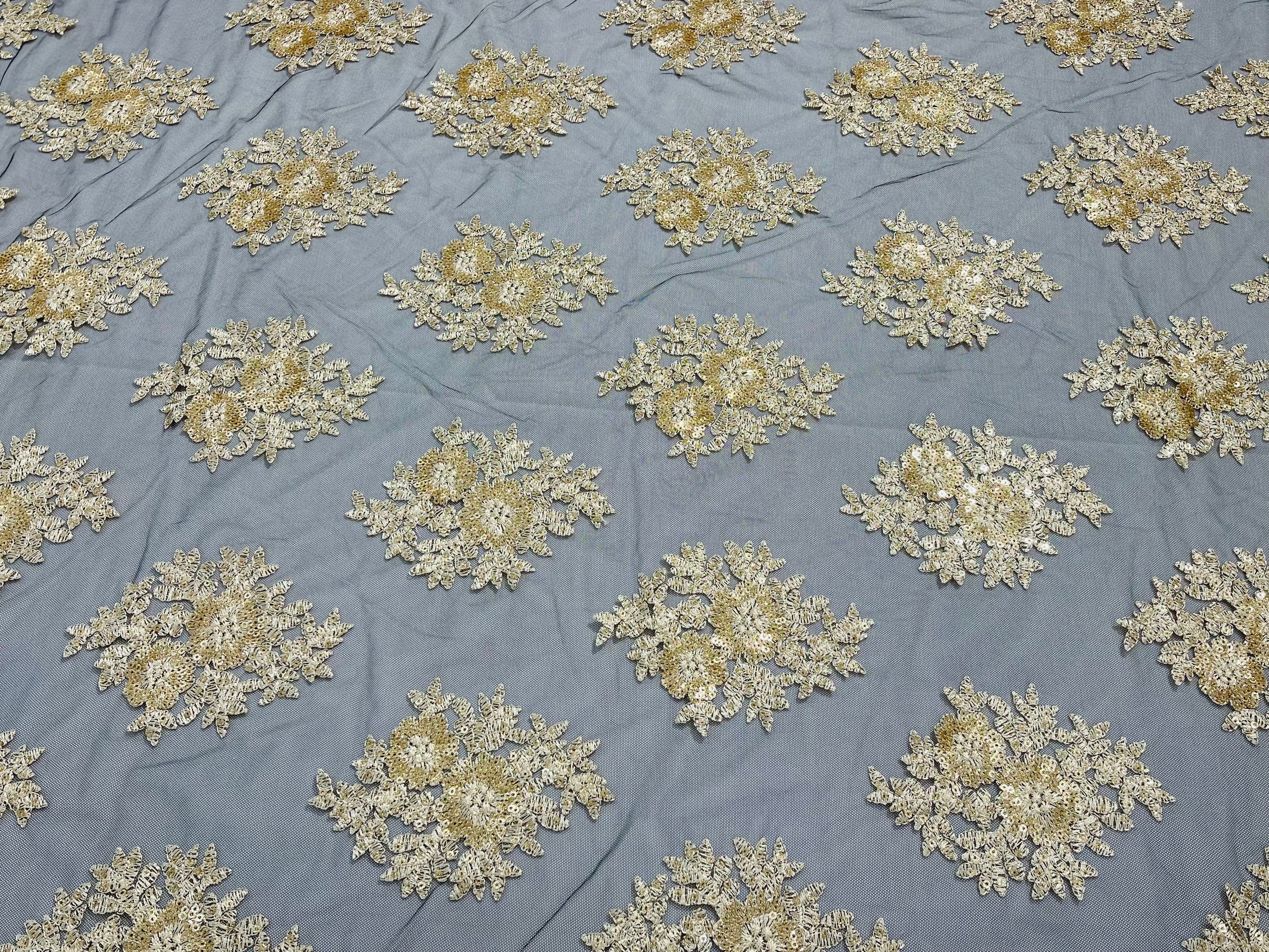 Floral Lace Fabric - Gold on Black Mesh - Flower Cluster Embroidery Design With Sequins on a Mesh