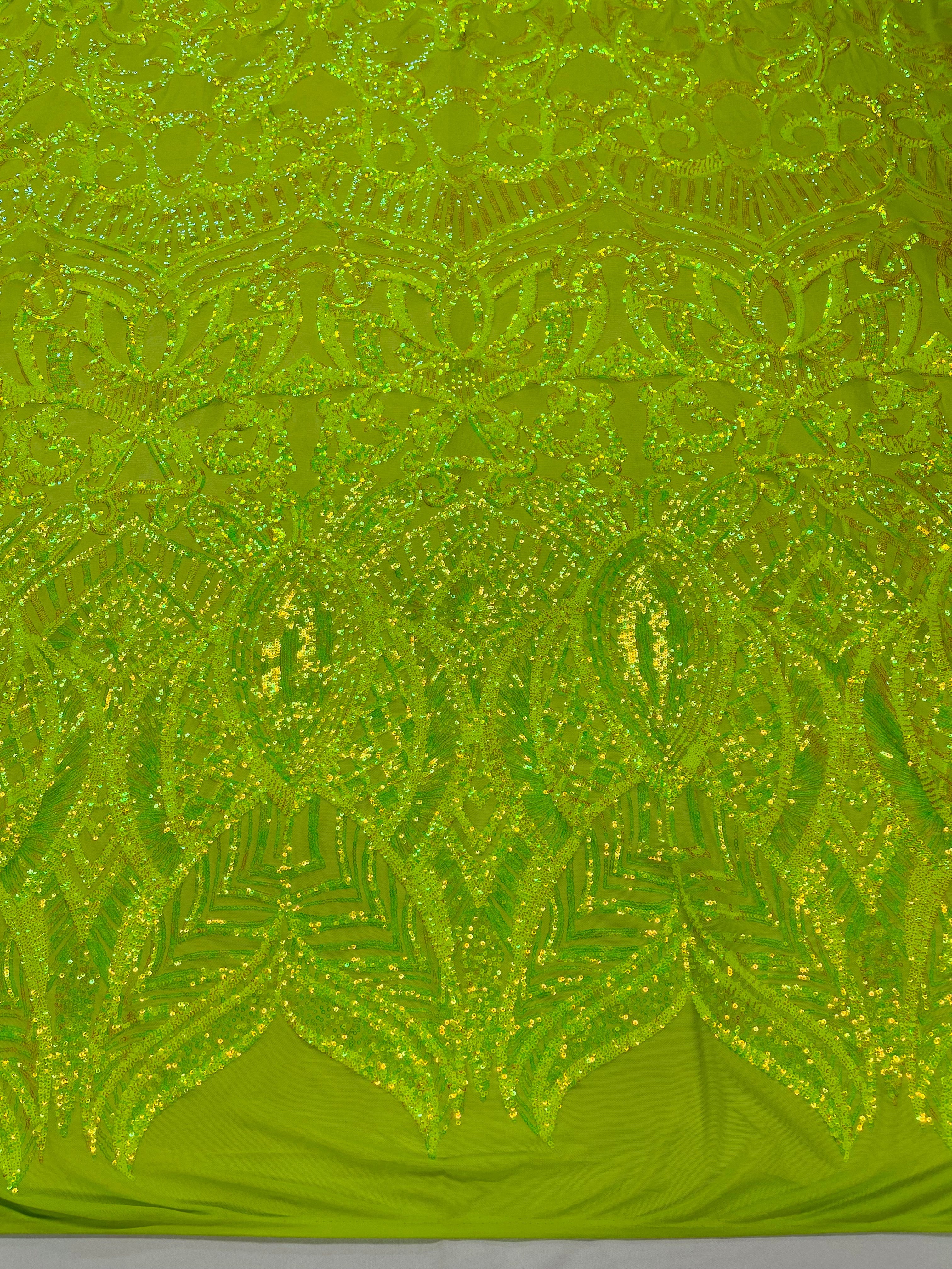 Neon Yellow Sequin - 4 Way Stretch Embroidered Royalty Sequins Design Fabric By Yard