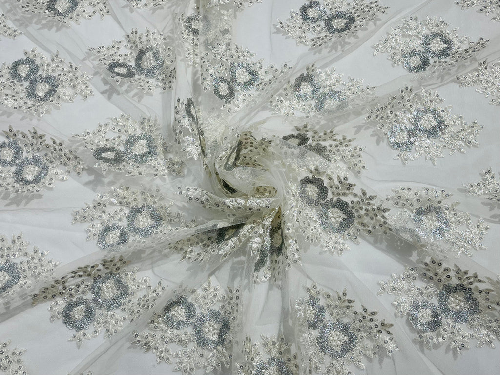 Floral Lace Fabric - Off-White - Flower Cluster Embroidery Design With Sequins on a Mesh