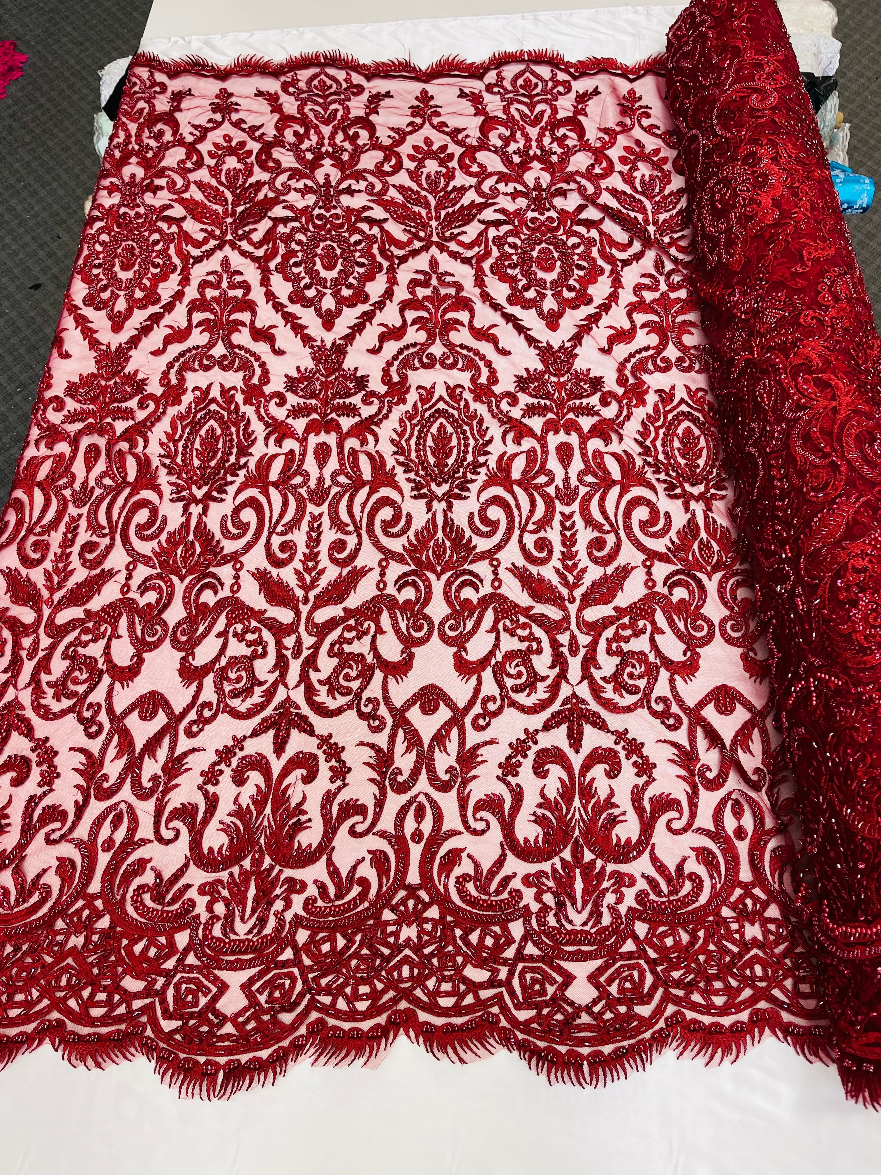 Burgundy Bridal Lace Hand Beaded Embroidered Floral Fabric - by the yard - Wedding Beaded Fabric